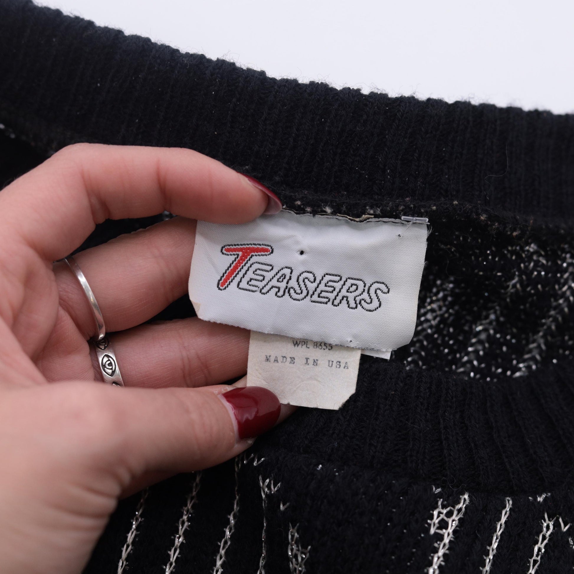 80s Black Metallic Striped Sweater Silver Abstract Knit Small Medium