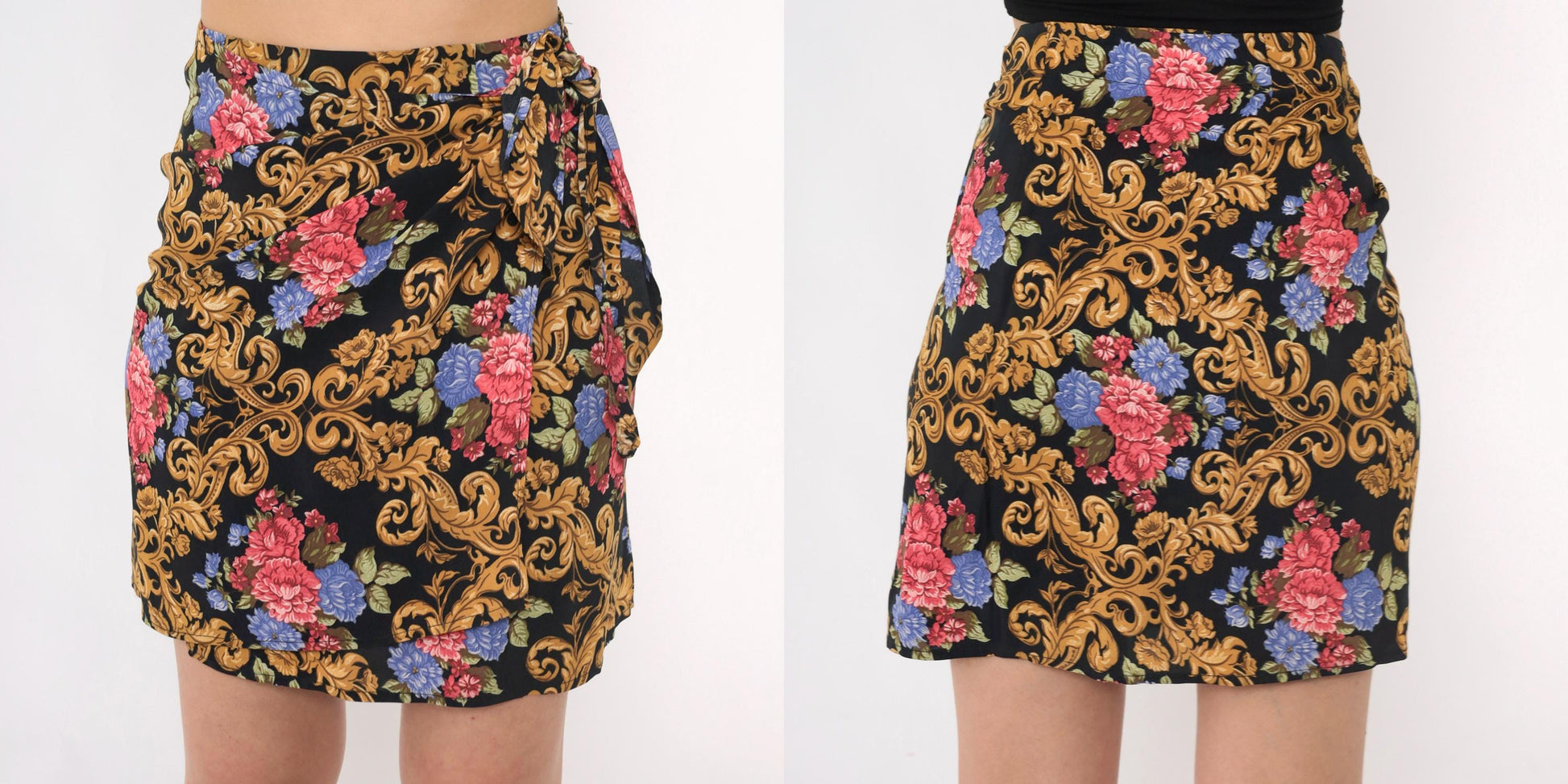 90s Baroque Floral Wrap Mini Skirt Black Gold Pink High Waisted XS