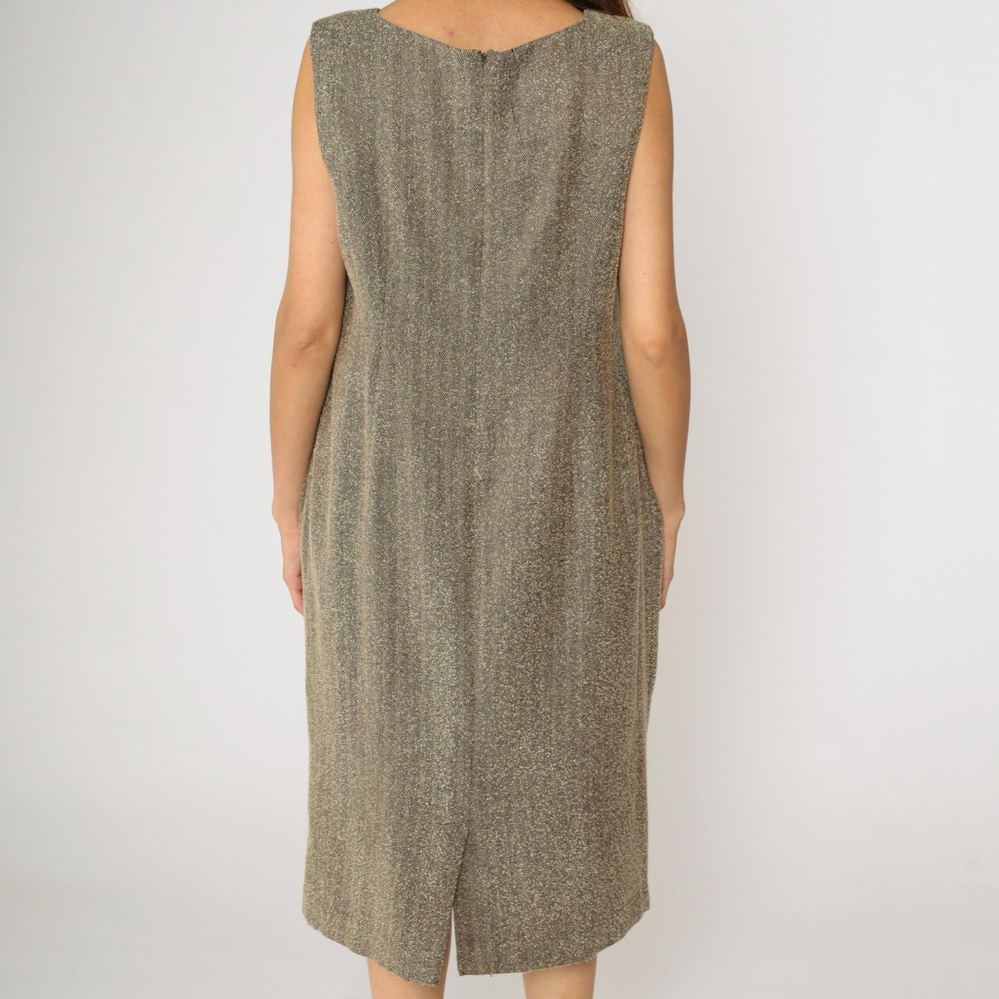 Y2K Leslie Fay Brown Herringbone Midi Dress Sleeveless Sheath Plus Size 14W