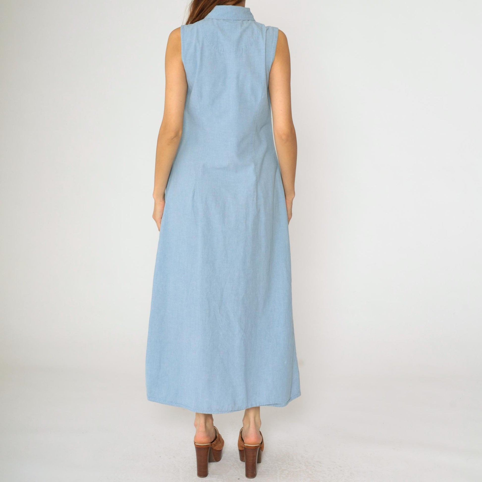 90s Blue Chambray Button-Up Midi Dress Sleeveless Collared A-Line Small S