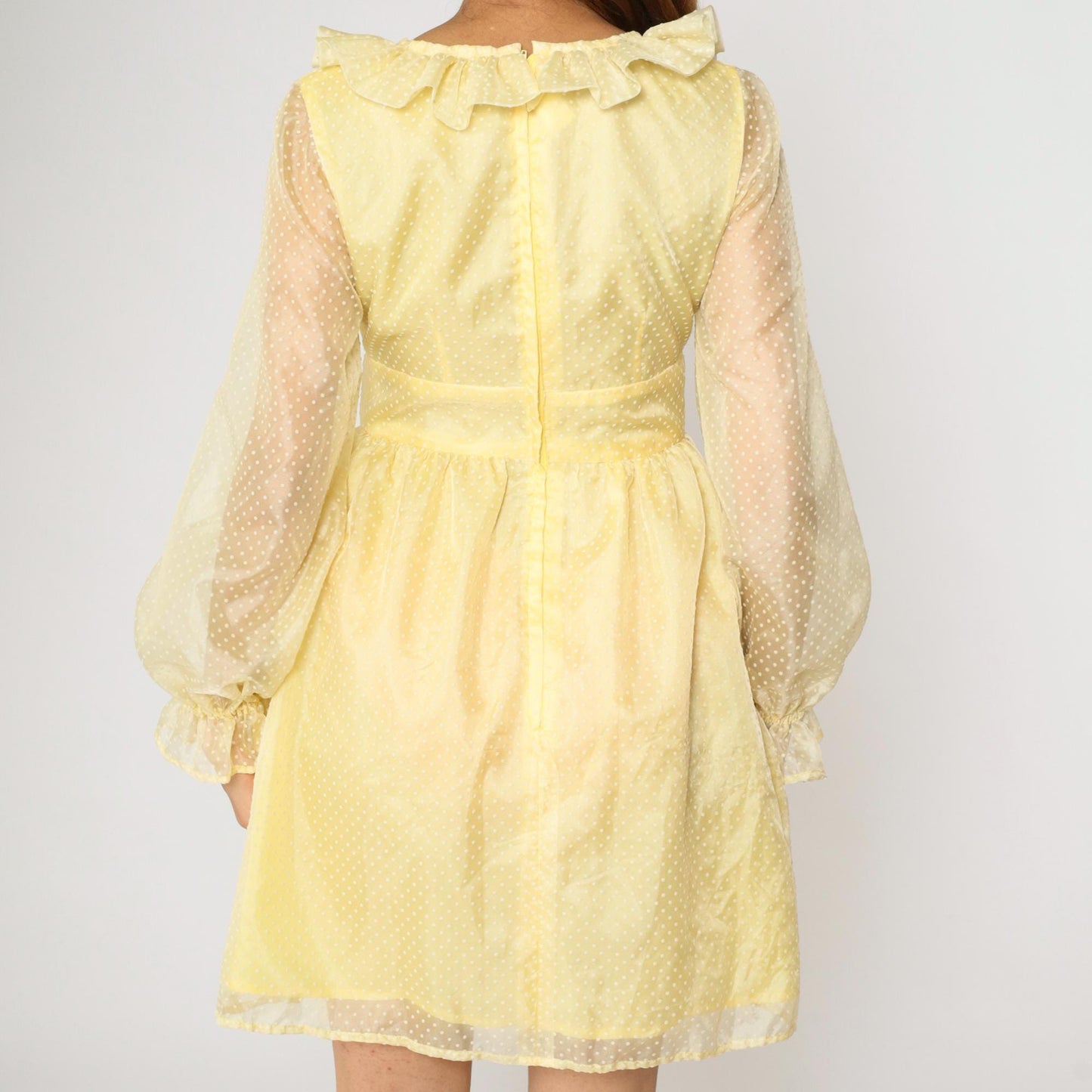 70s Yellow Swiss Dot Organza Mini Dress Empire Waist Ruffle Neckline Small