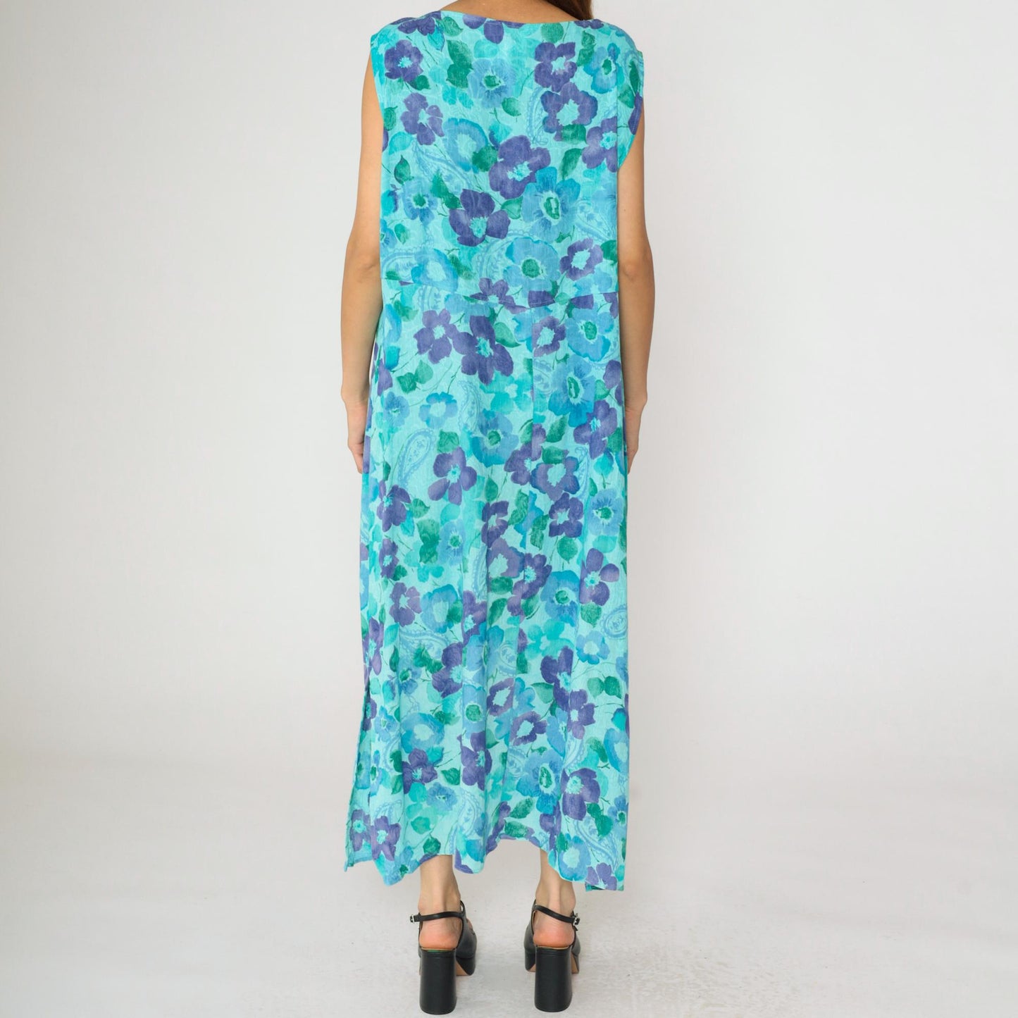 90s Aqua Watercolor Floral Paisley Maxi Dress Sleeveless Rayon Plus Size XXL