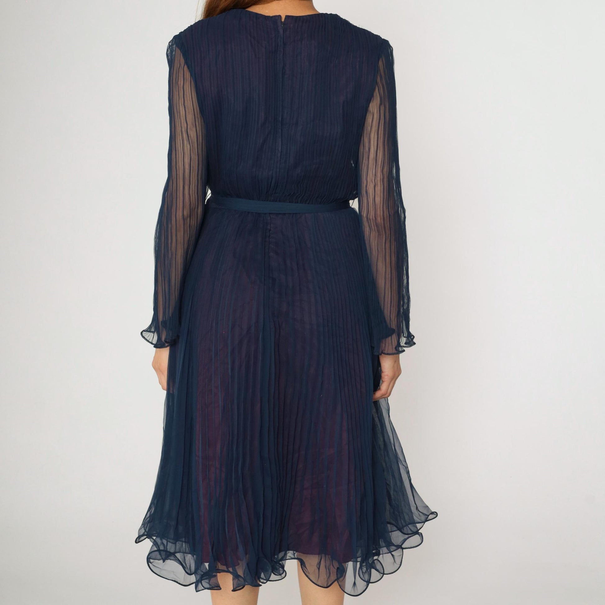 70s Navy Chiffon Midi Dress Pleated V-Neck Sheer Sleeves High Waist Small