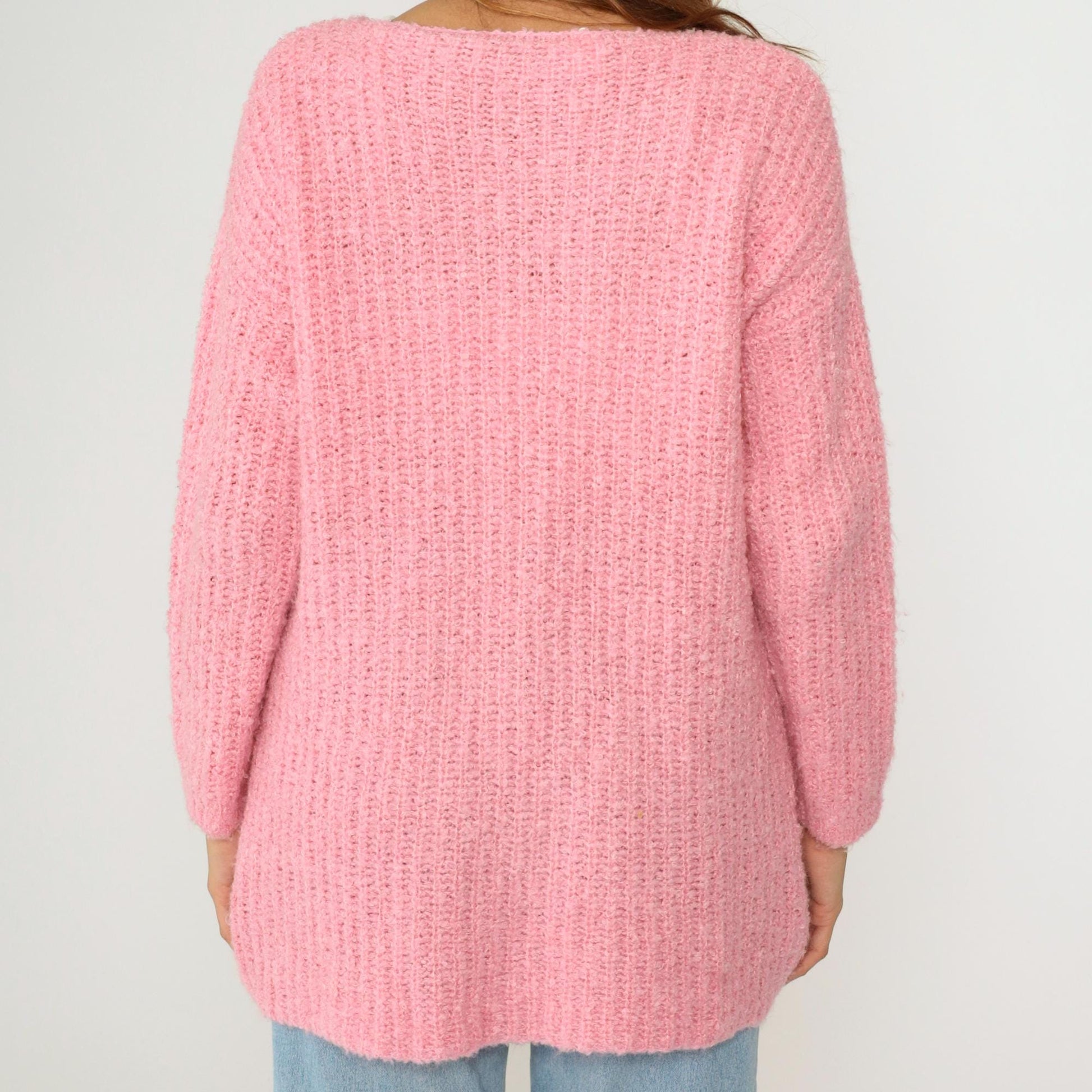 80s Pink Ribbed Knit Cardigan Open Front Wrap Sweater Medium Large