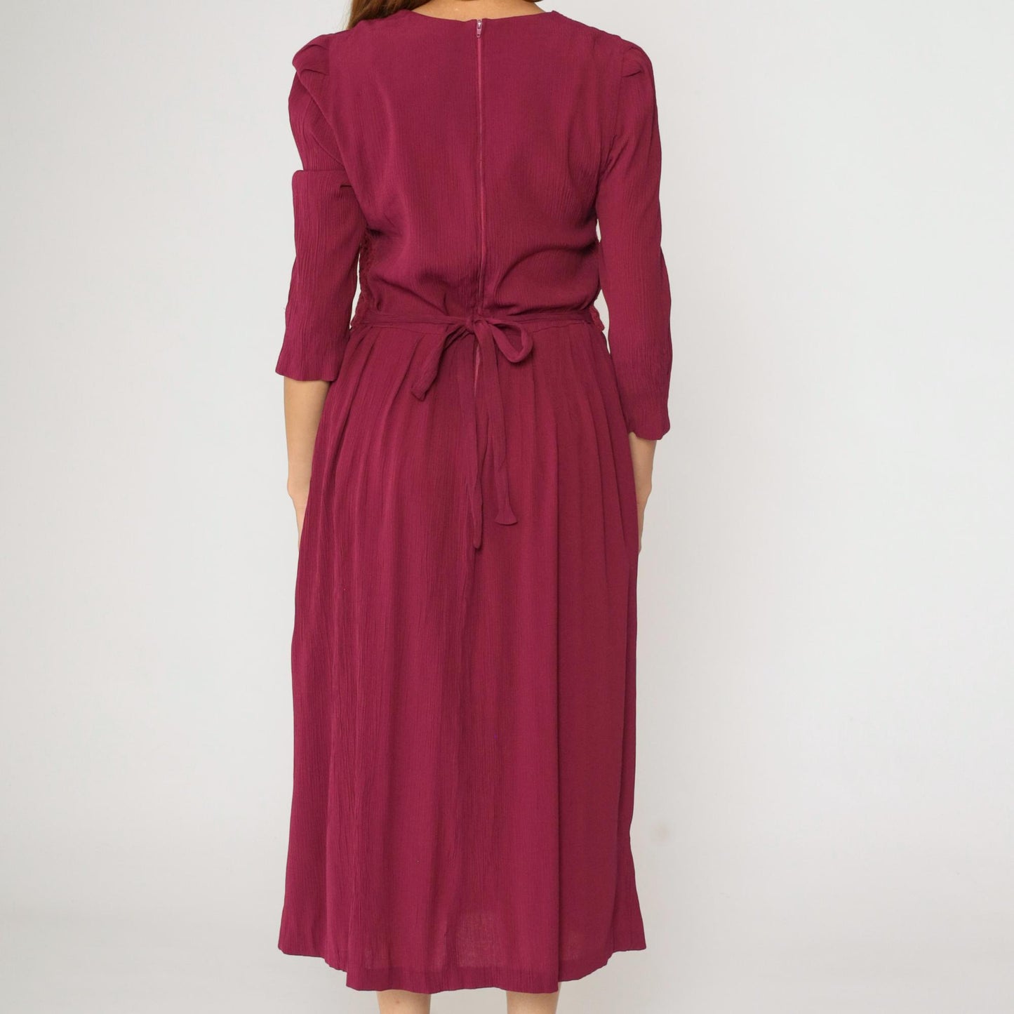 90s Miss Dorby Raspberry Floral Jacquard Midi Dress Puff Sleeve Button Up Medium