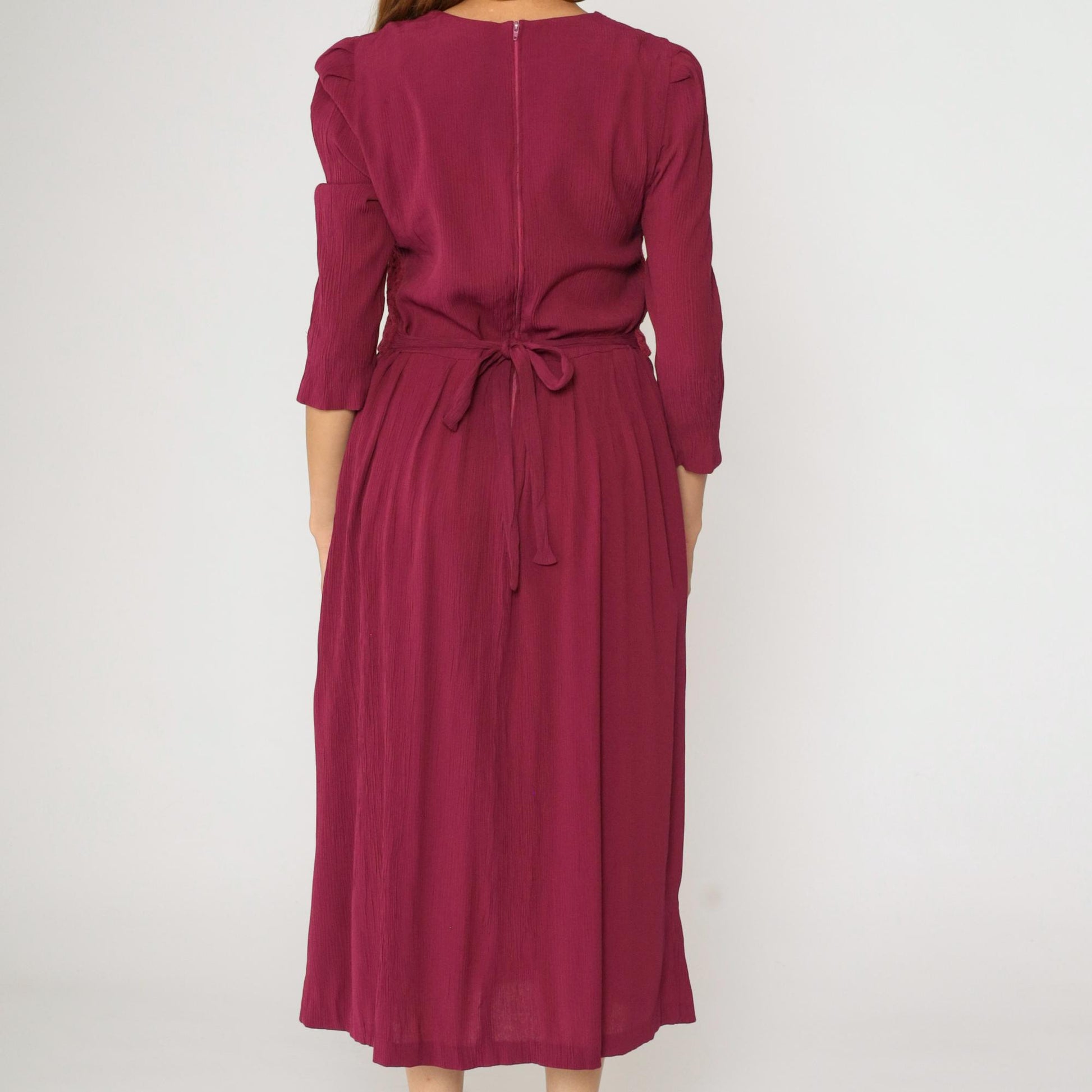 90s Miss Dorby Raspberry Floral Jacquard Midi Dress Puff Sleeve Button Up Medium