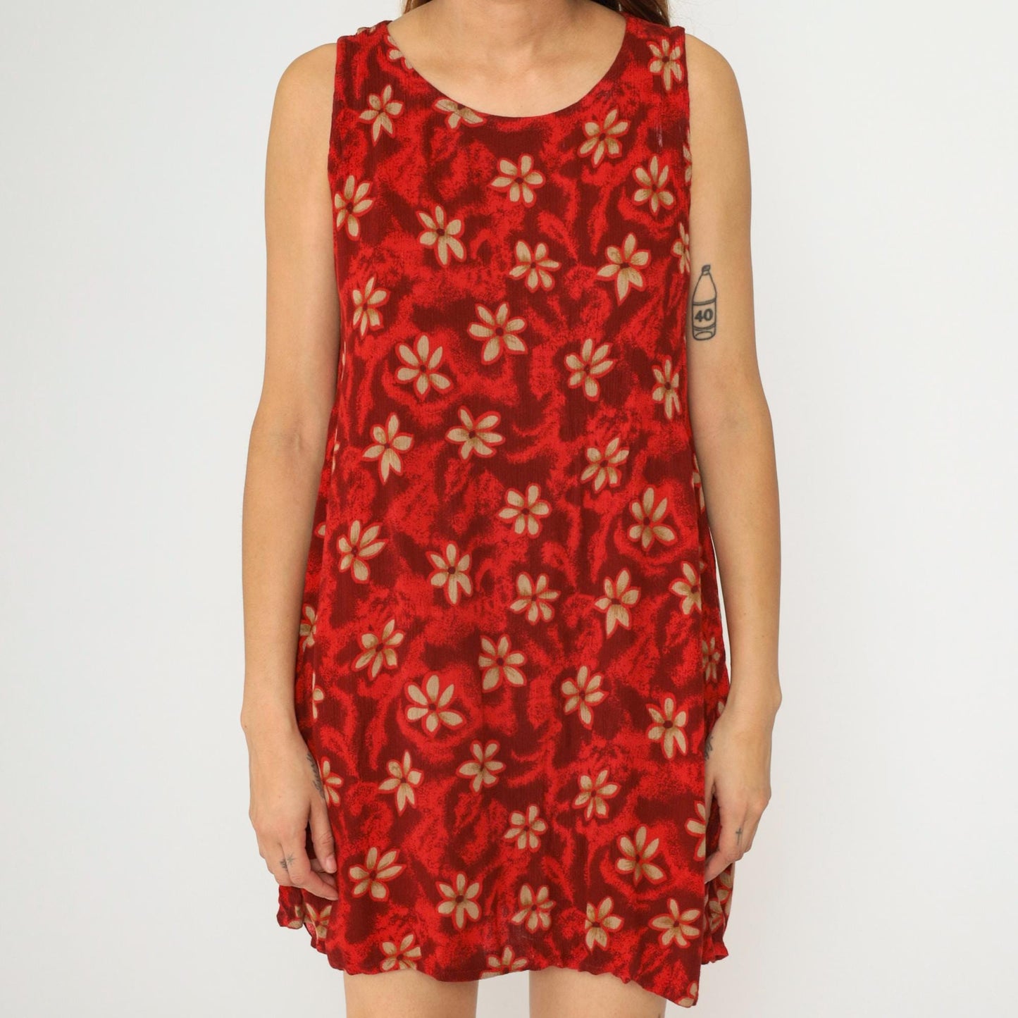 90s Red Floral Hawaiian Mini Dress Sleeveless A-Line Sundress Small