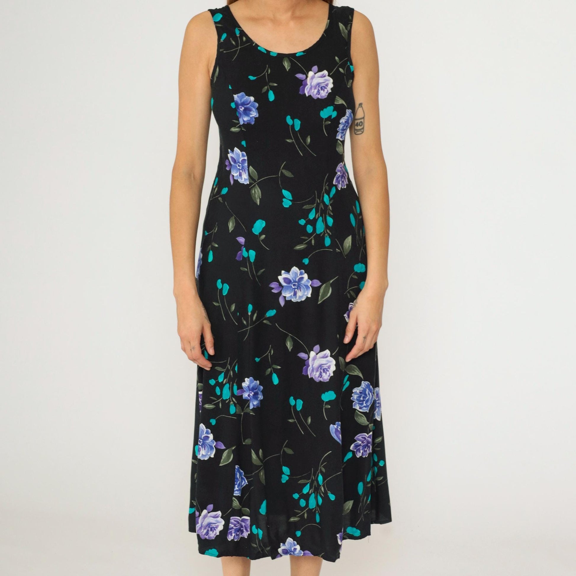 90s Black Floral Midi Dress A-Line Sleeveless Princess Seam Small
