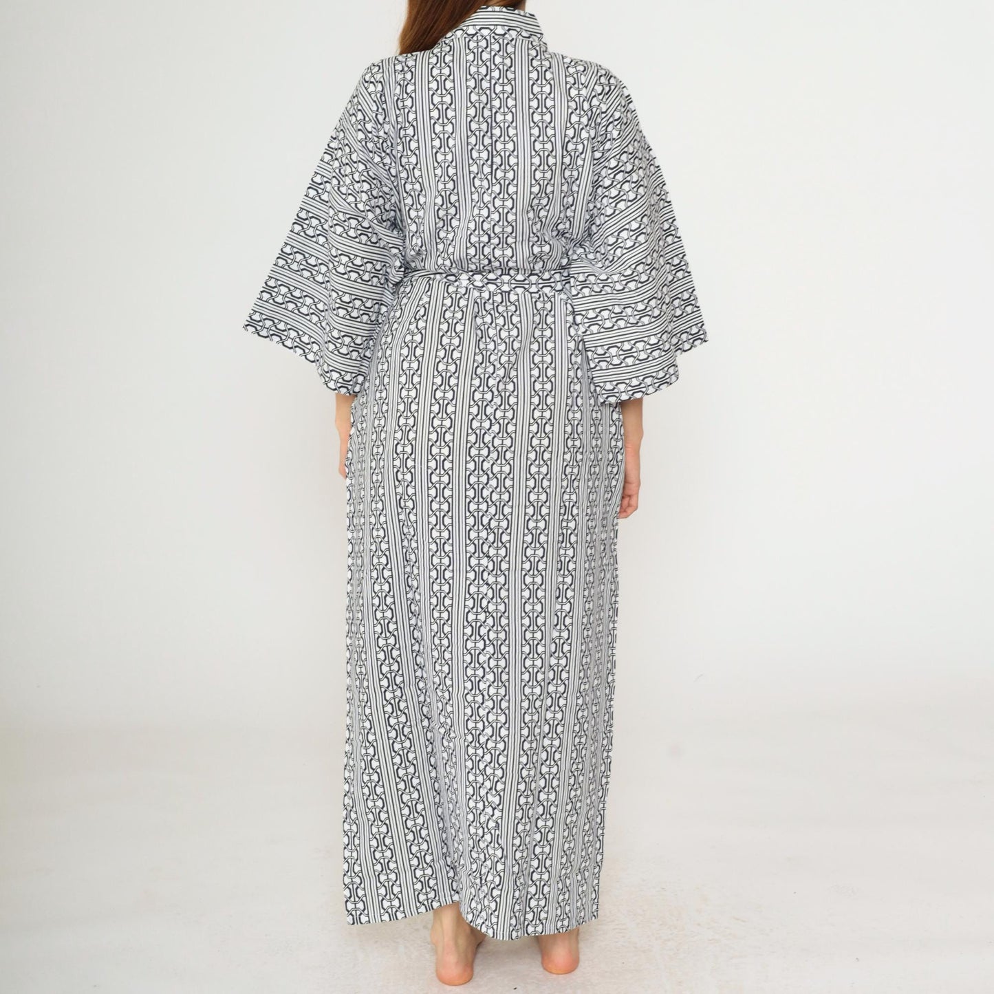 70s Kimono Maxi Robe White Blue Geometric Striped Print Open Front Medium Large