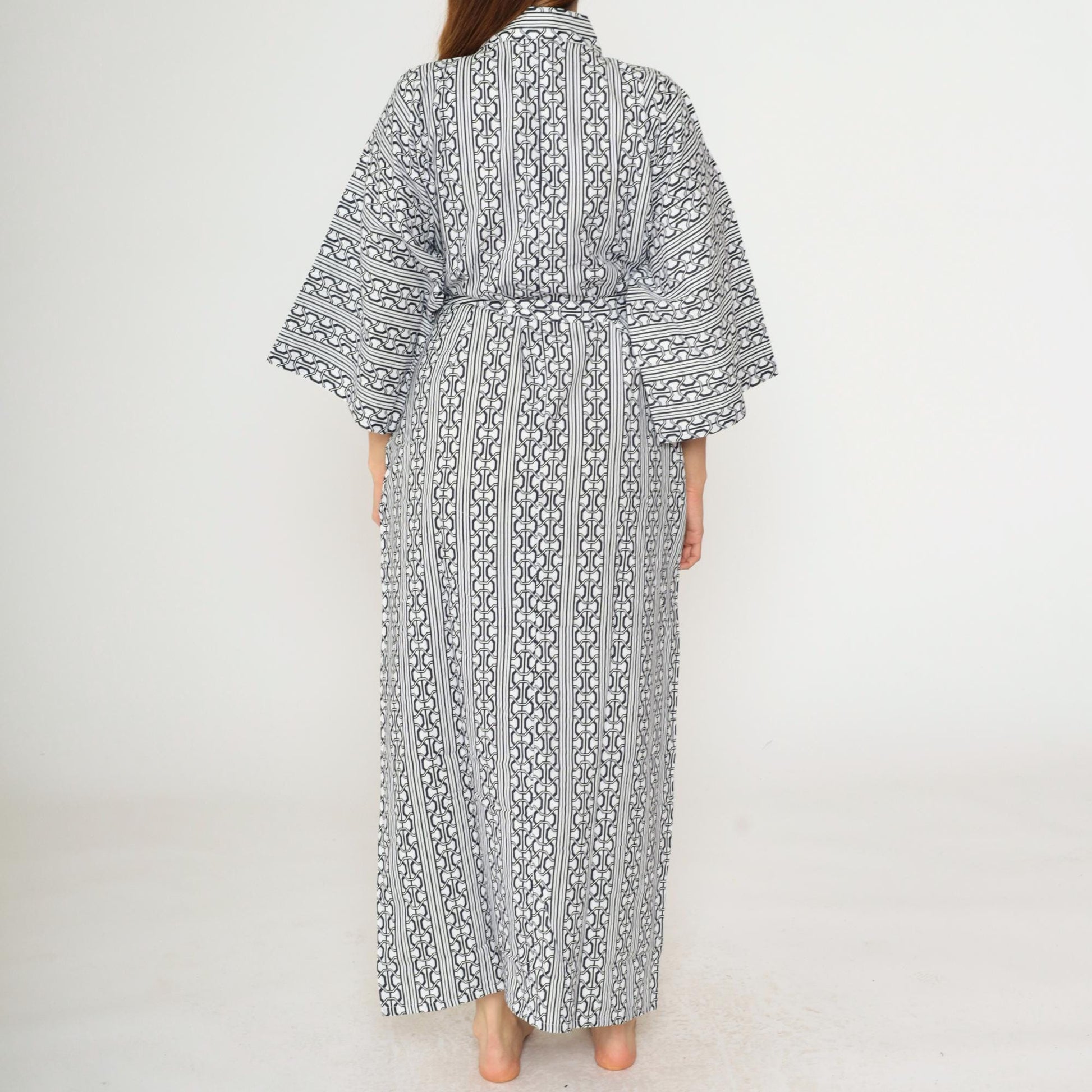 70s Kimono Maxi Robe White Blue Geometric Striped Print Open Front Medium Large
