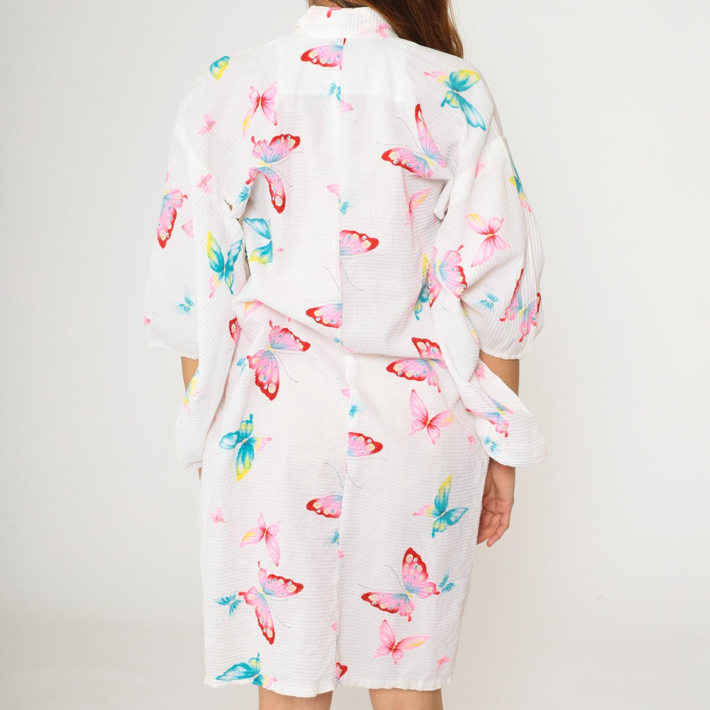 70s Butterfly Kimono Robe White Open Front Half-Sleeve Dressing Gown Small