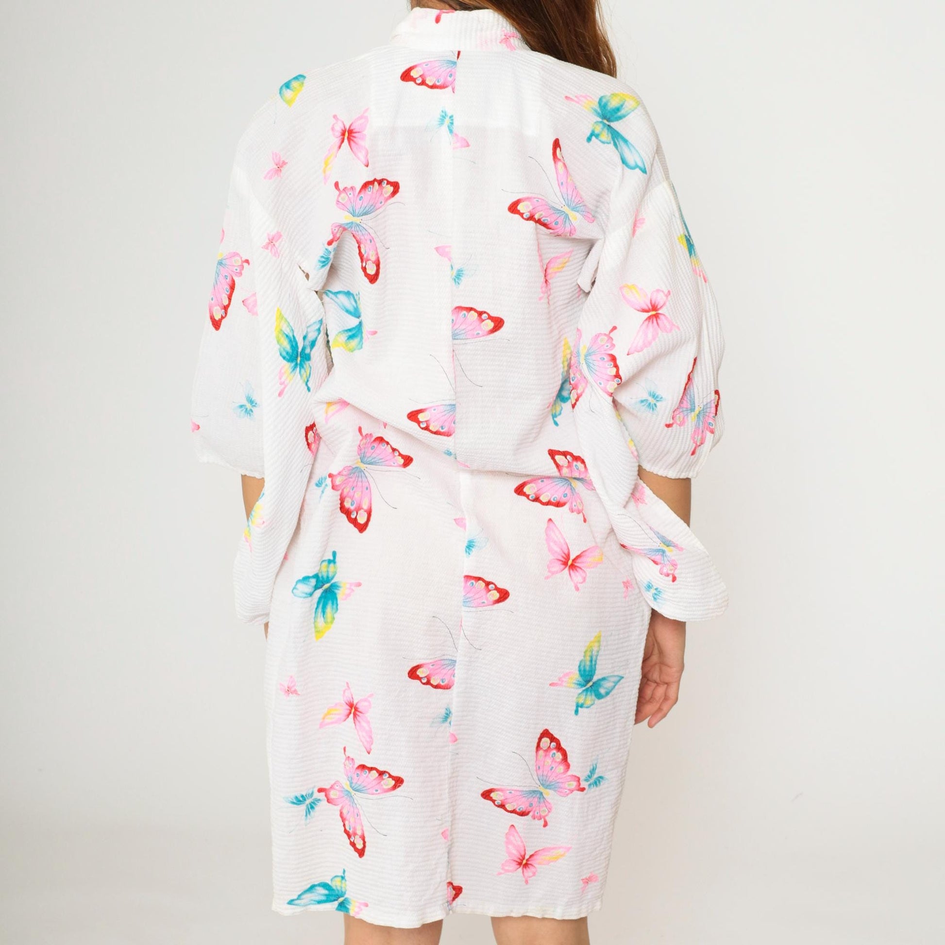 70s Butterfly Kimono Robe White Open Front Half-Sleeve Dressing Gown Small