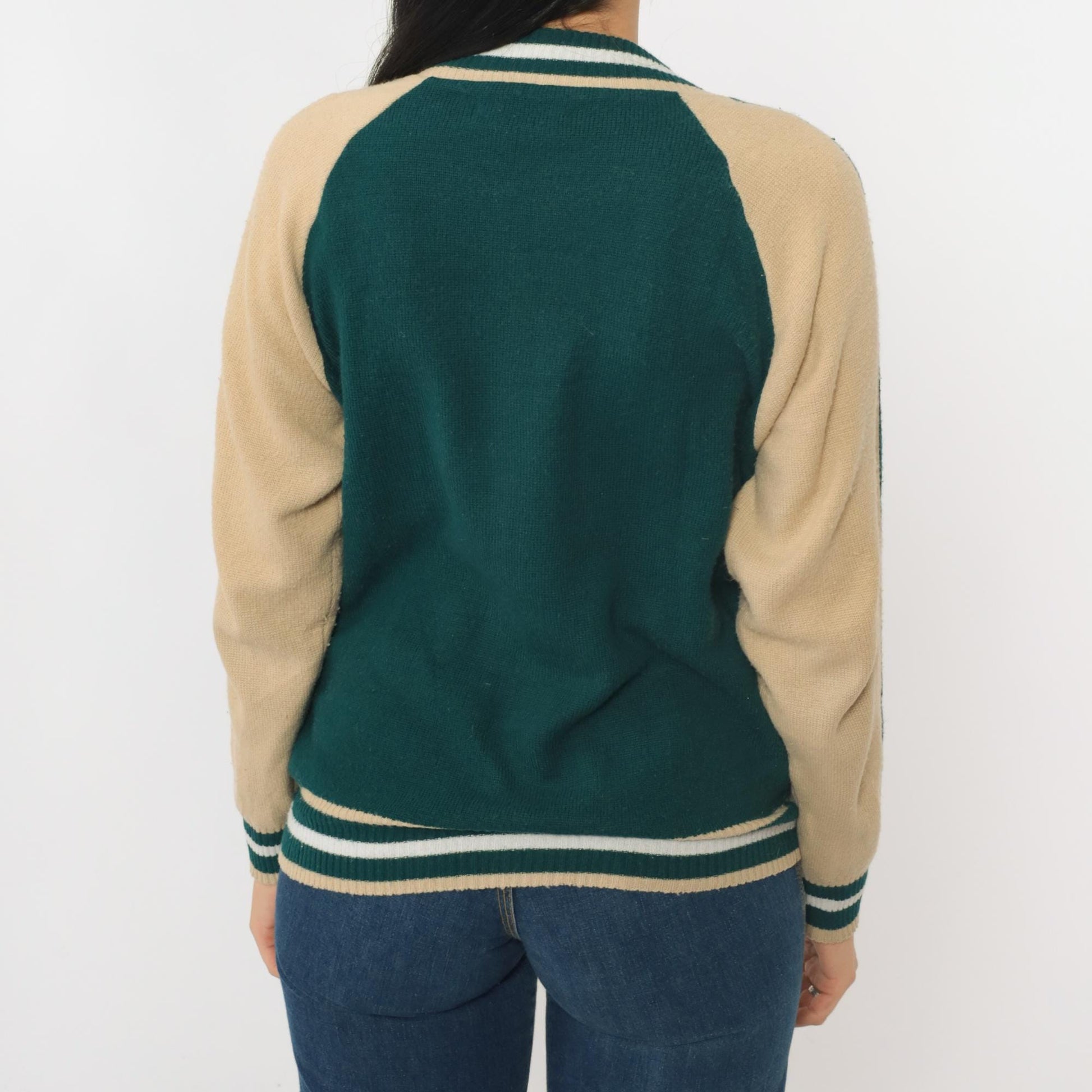 80s Plum Blossom Track Jacket Green Acrylic Knit Raglan Zip-Up Medium