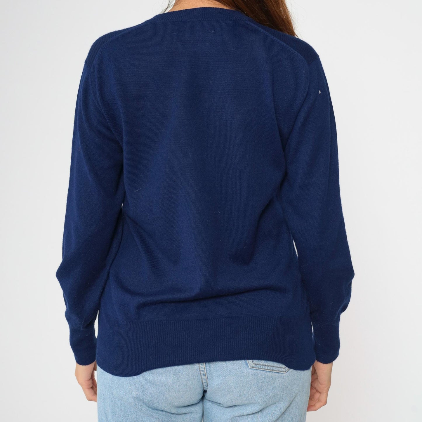 70s Bloomingdale's Navy Wool V-Neck Pullover Sweater Medium