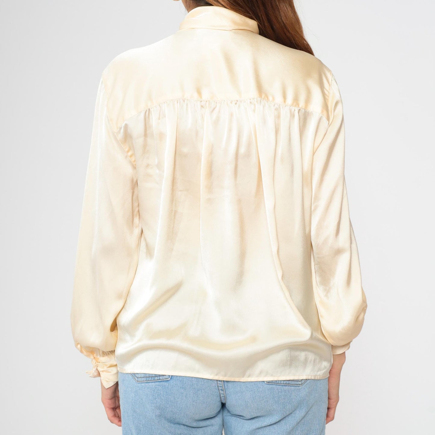 80s Jones Wear Cream Satin Mock Neck Blouse Long Sleeve Small 6
