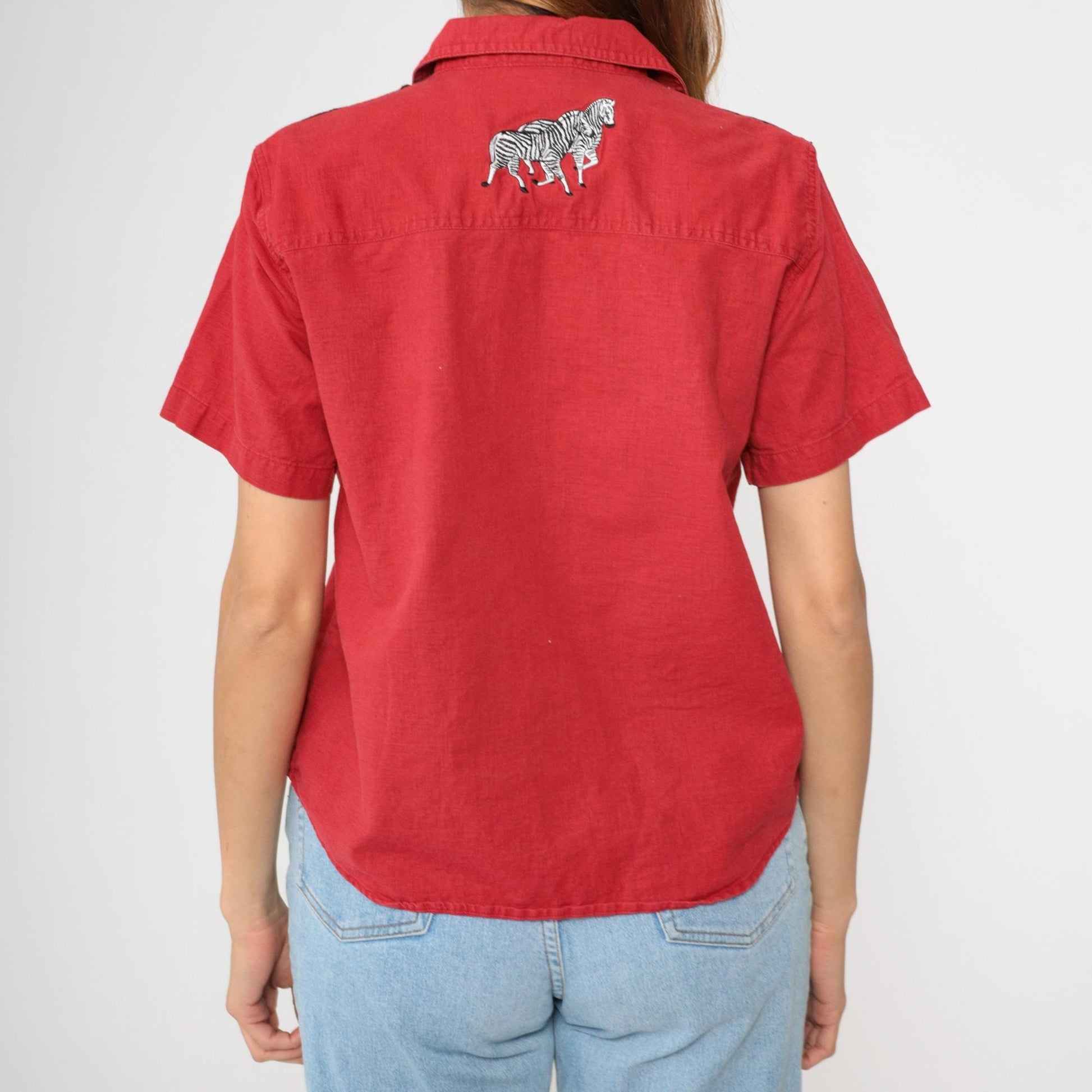 90s Cabin Creek Zebra Rhinestone Button-Up Blouse Red Linen Cotton Petite Large