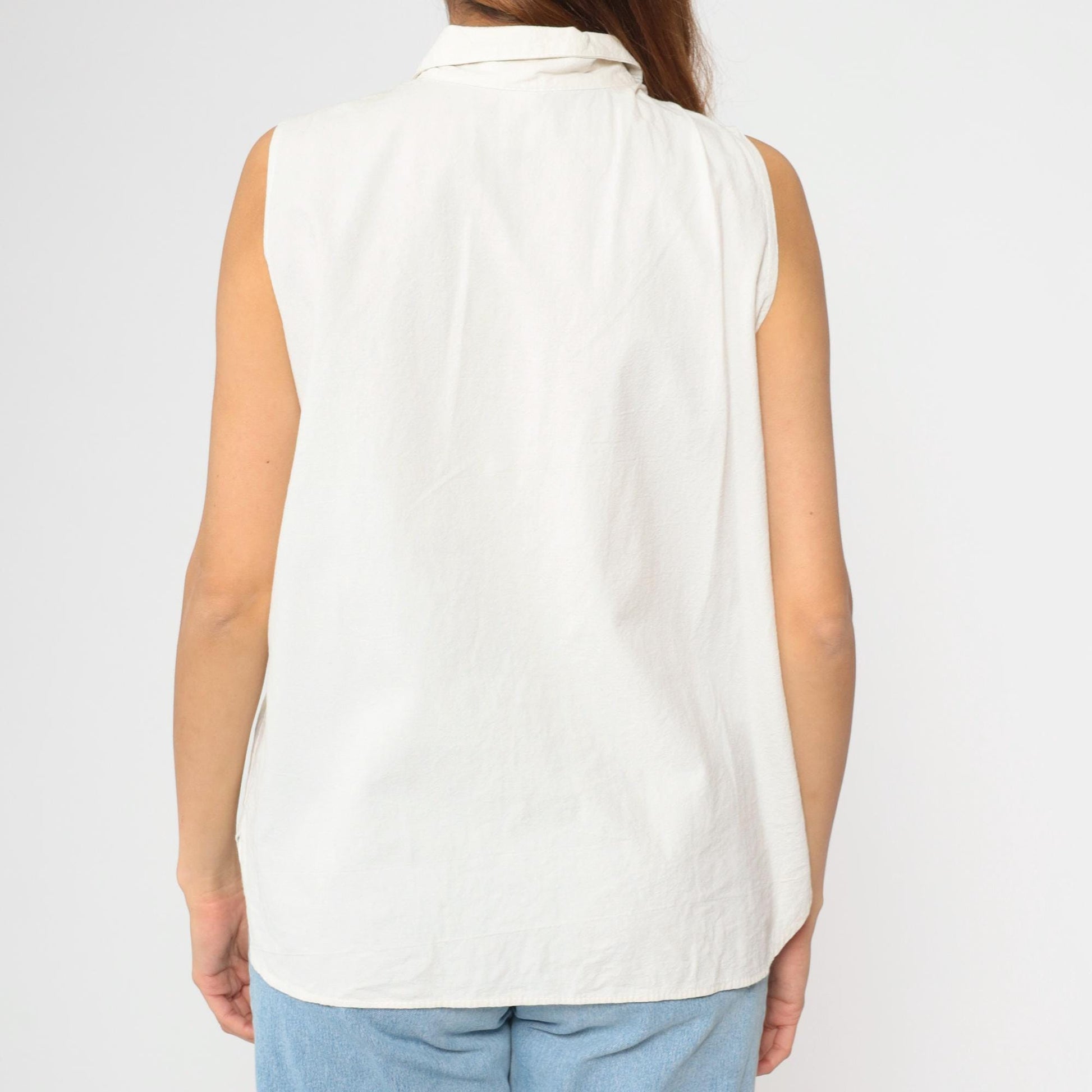 90s Puerto Vallarta White Striped Sleeveless Button-Up Blouse Extra Large