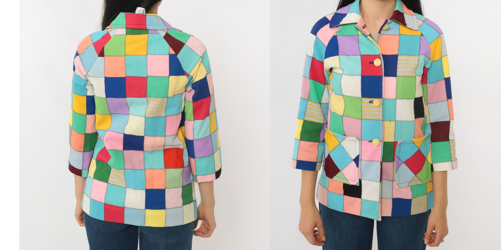 70s Patchwork Quilted Jacket Multicolor Square Block Notch Collar Extra Small