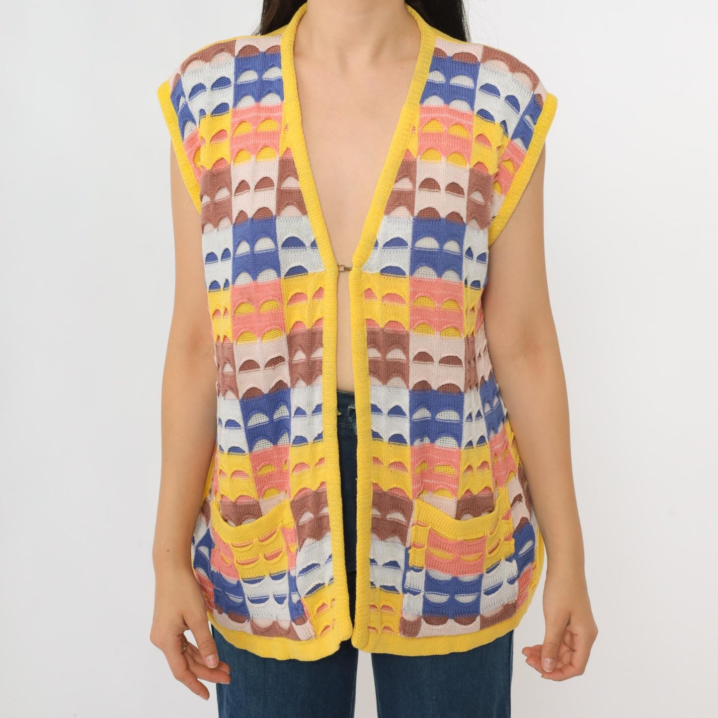 70s Patchwork Knit Vest Yellow Multicolor Open Front Sleeveless Large L