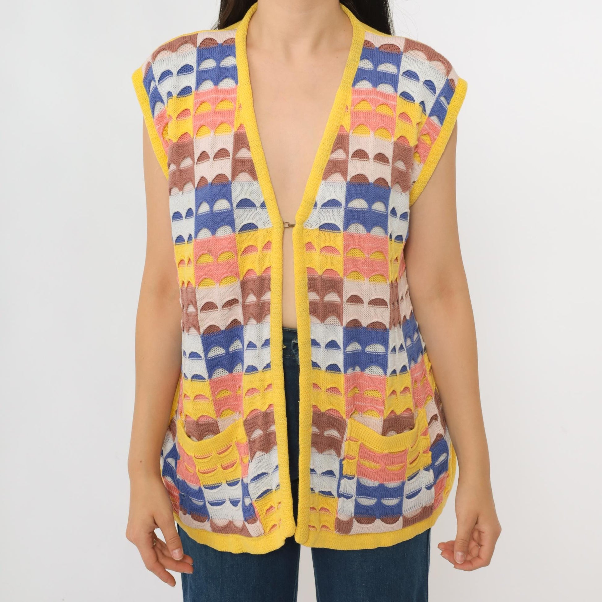 70s Patchwork Knit Vest Yellow Multicolor Open Front Sleeveless Large L
