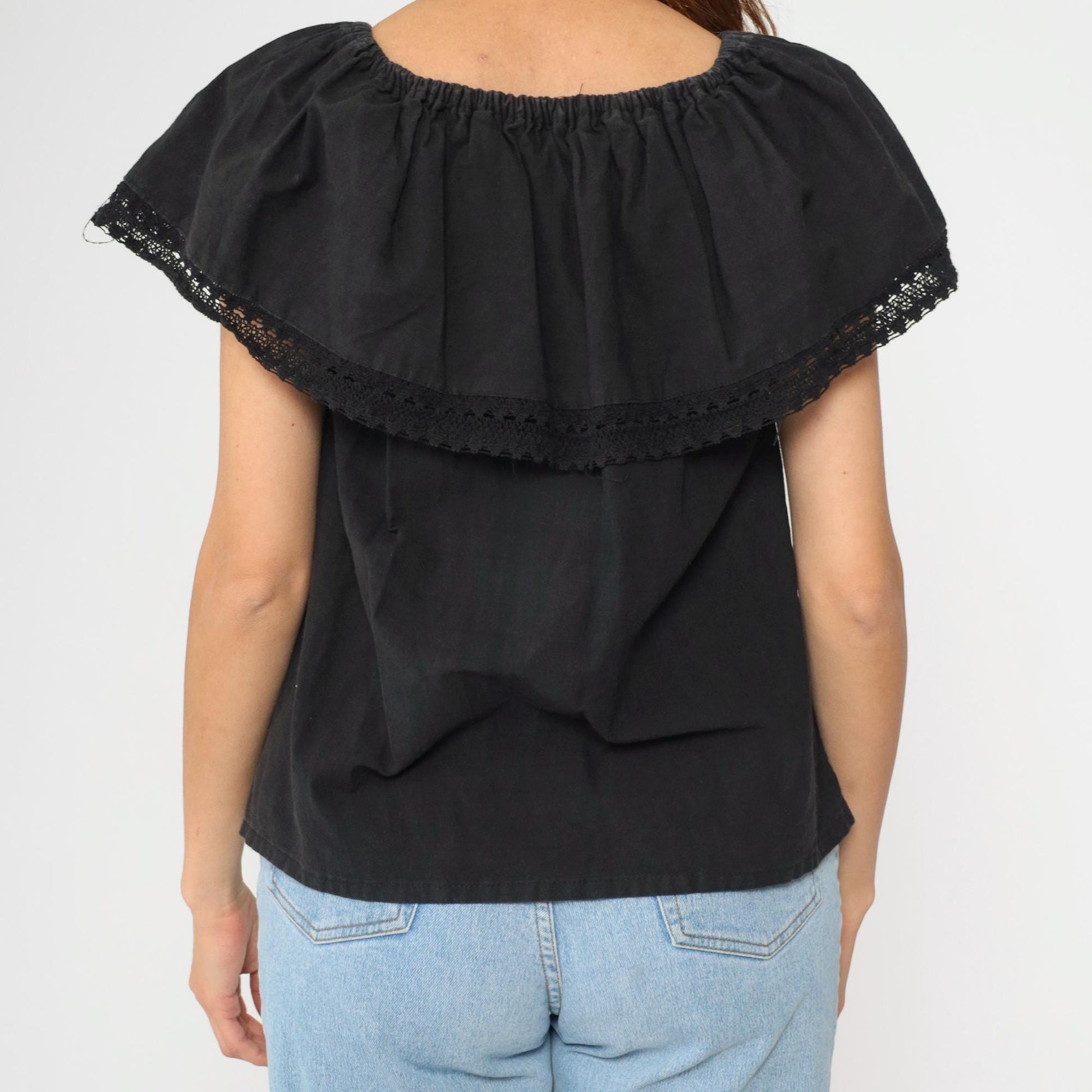 90s Mexican Floral Embroidered Blouse Black Off-Shoulder Crochet Peasant Small