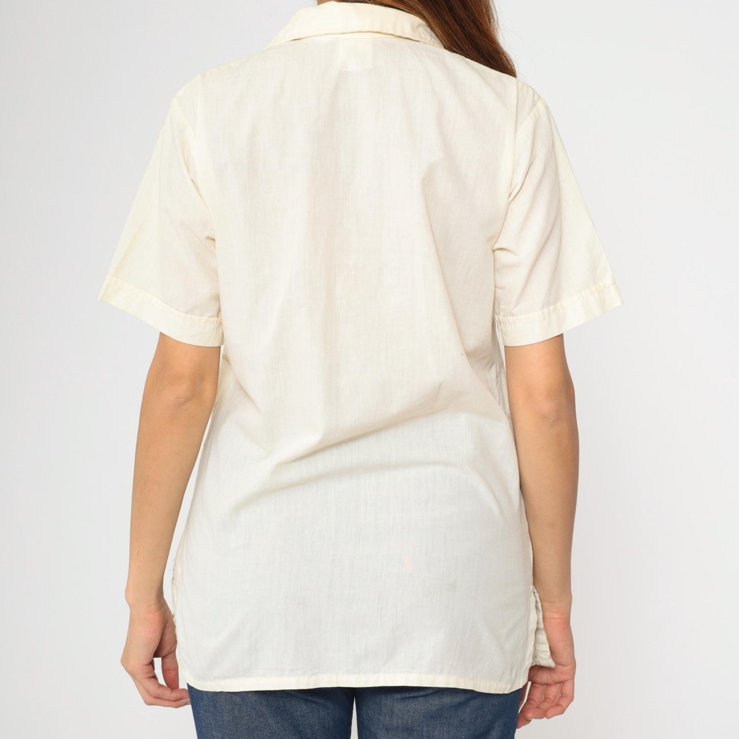 70s Paul Howard California Eyelet Striped Polo Shirt Cream Medium M