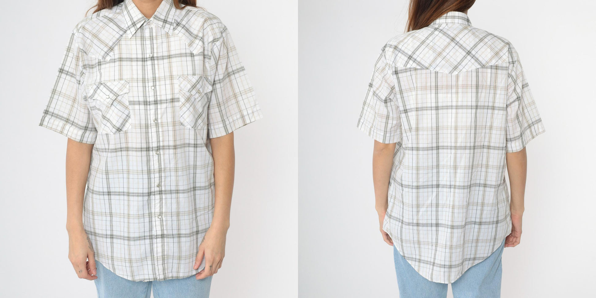 90s Plains Westernwear Pearl Snap Shirt White Plaid Short Sleeve Men's Medium