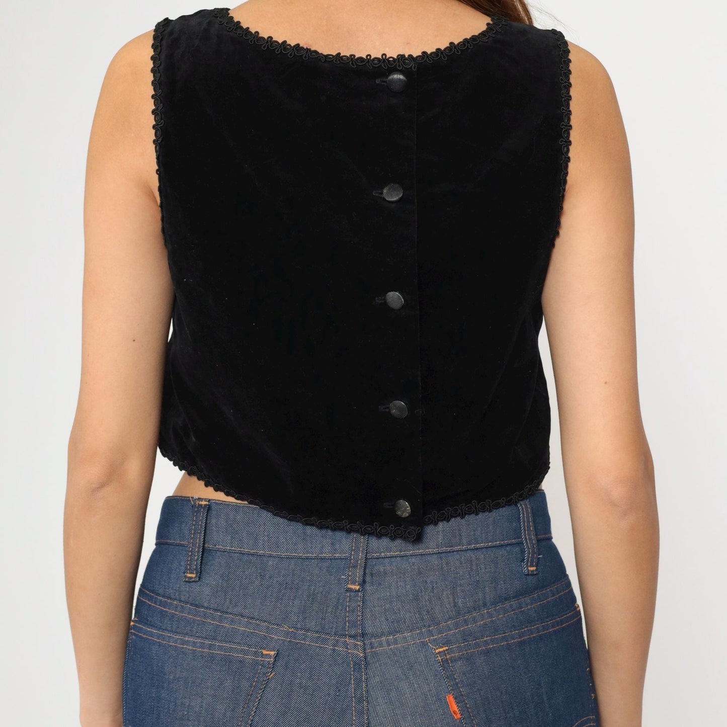 60s Black Velvet Crop Top Sleeveless Button-Back Blouse Small