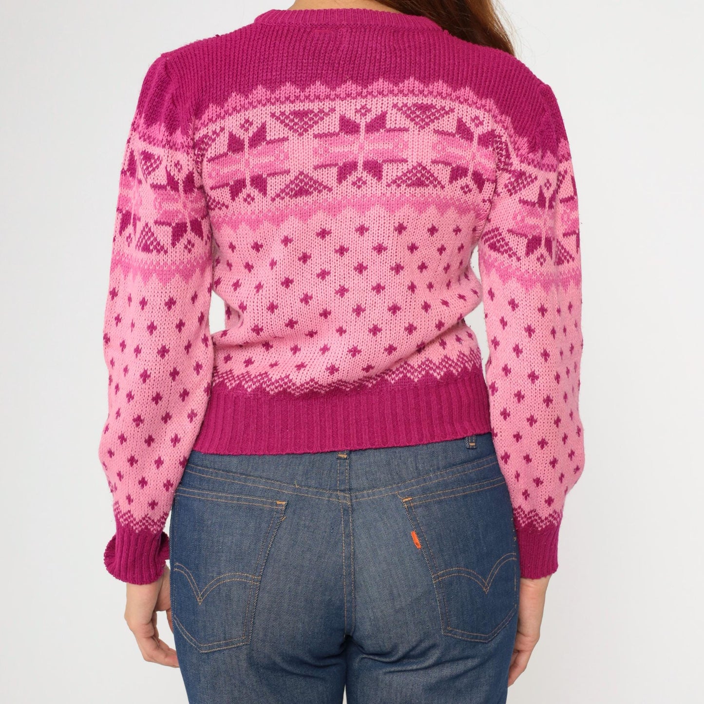 80s Pink Fair Isle Puff Sleeve Sweater Nordic Knit Small
