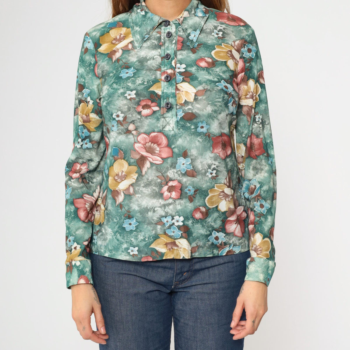 70s Green Floral Button-Up Blouse Long Sleeve Pointed Collar Medium