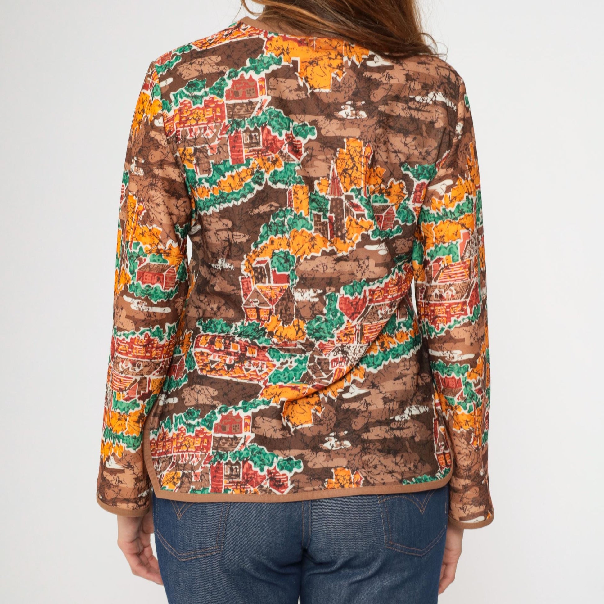 70s Village Print Shirt Brown Slit Neck Long Sleeve Blouse Medium M