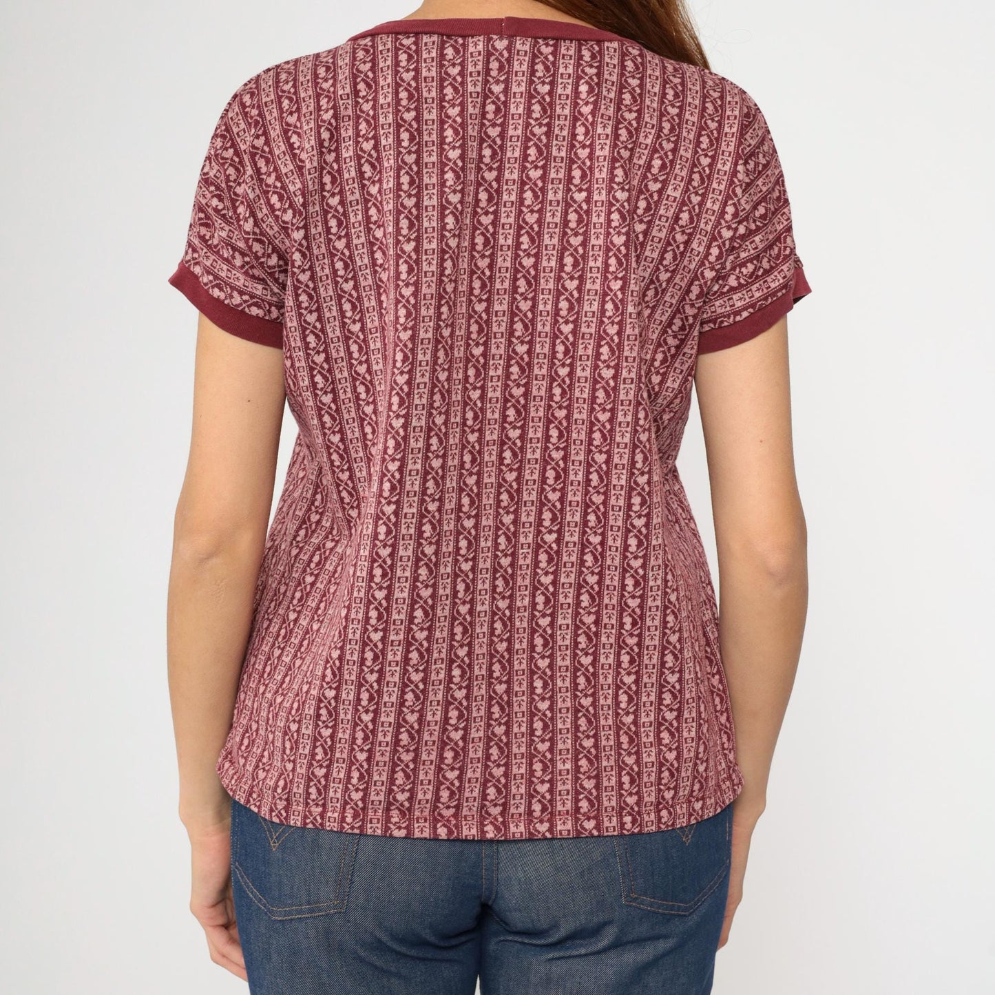 80s Scandinavian Folk Stripe Knit Tee Maroon Pink Heart Ringer Large L