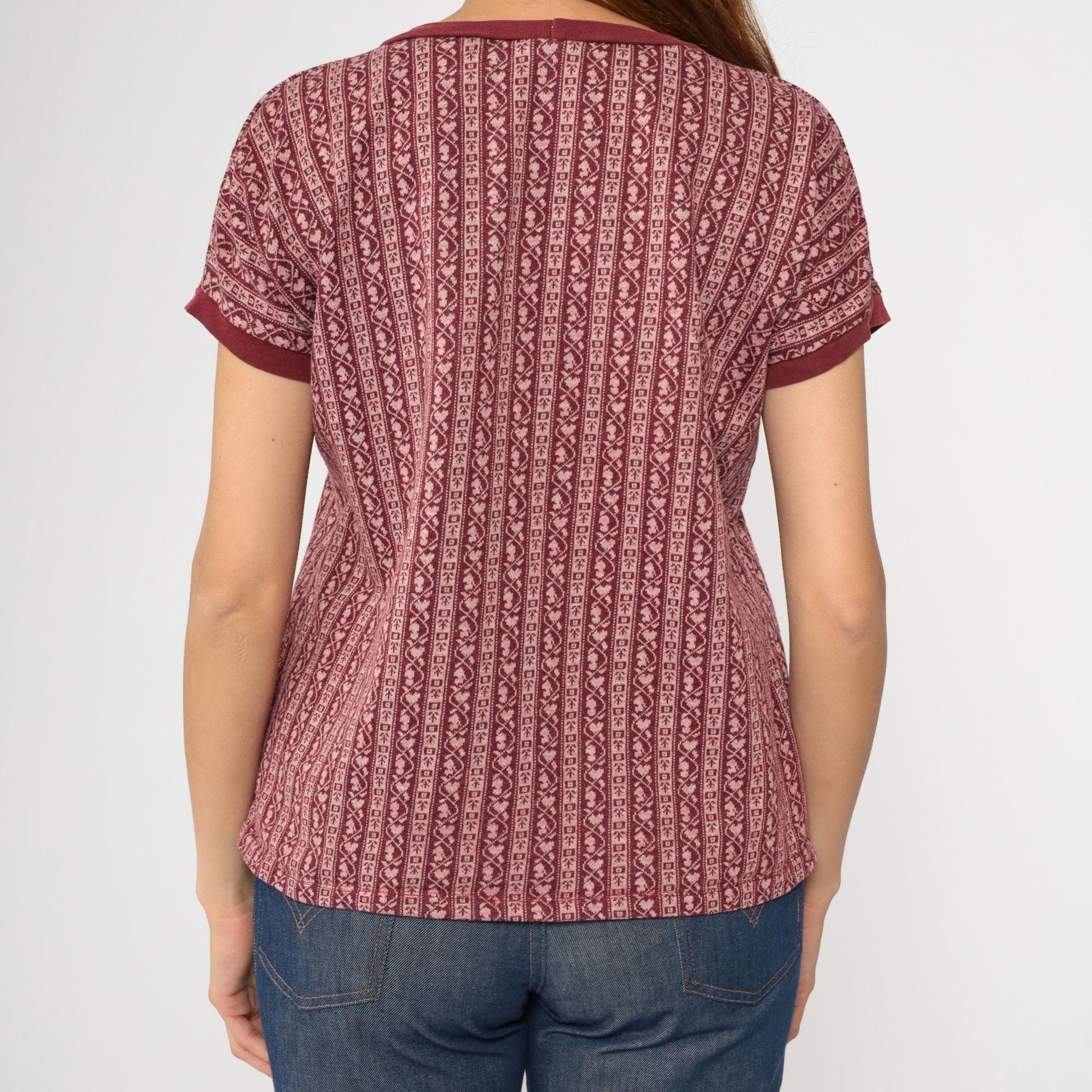 80s Scandinavian Folk Stripe Knit Tee Maroon Pink Heart Ringer Large L