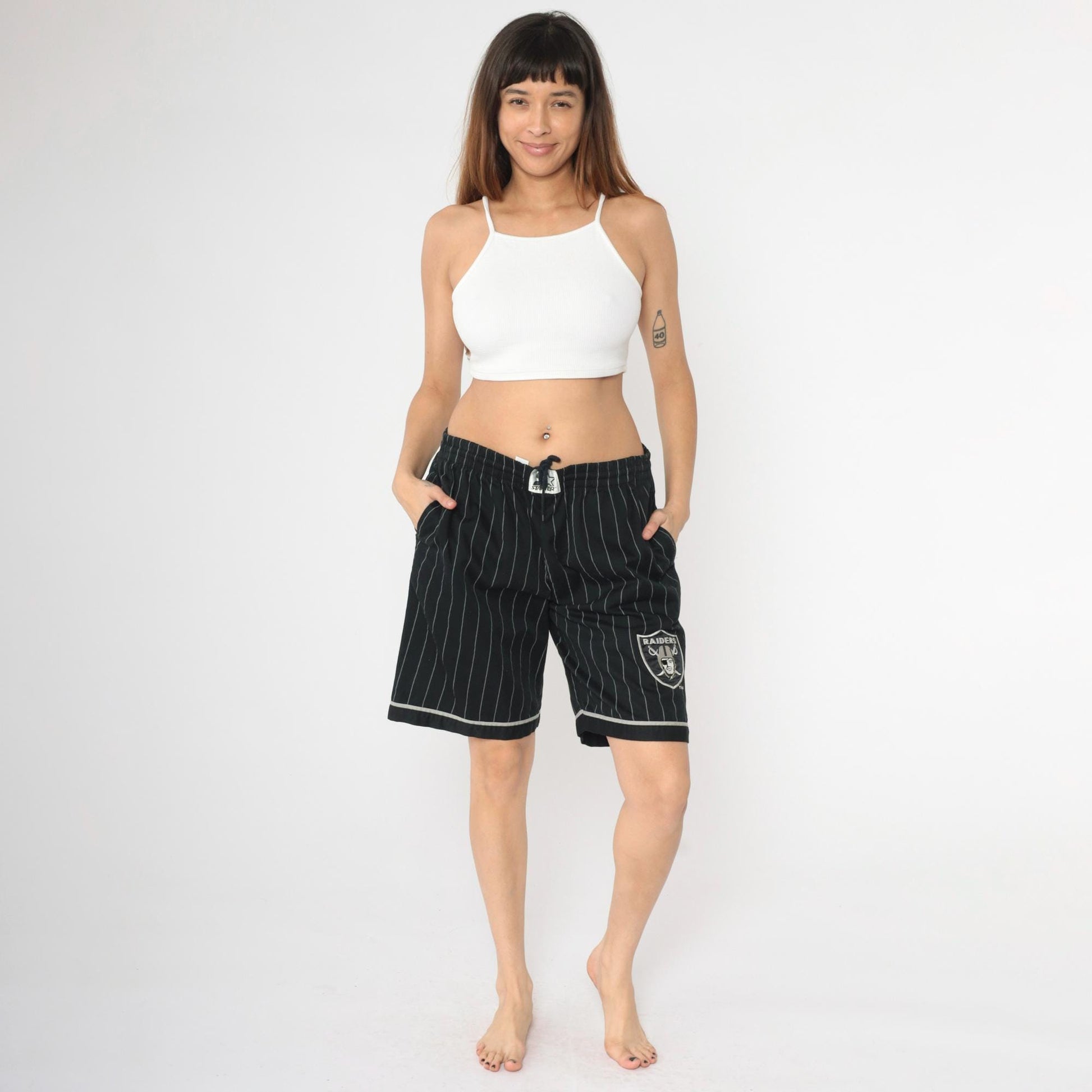 90s Starter Raiders NFL Shorts Black Pinstriped Elastic Waist Large