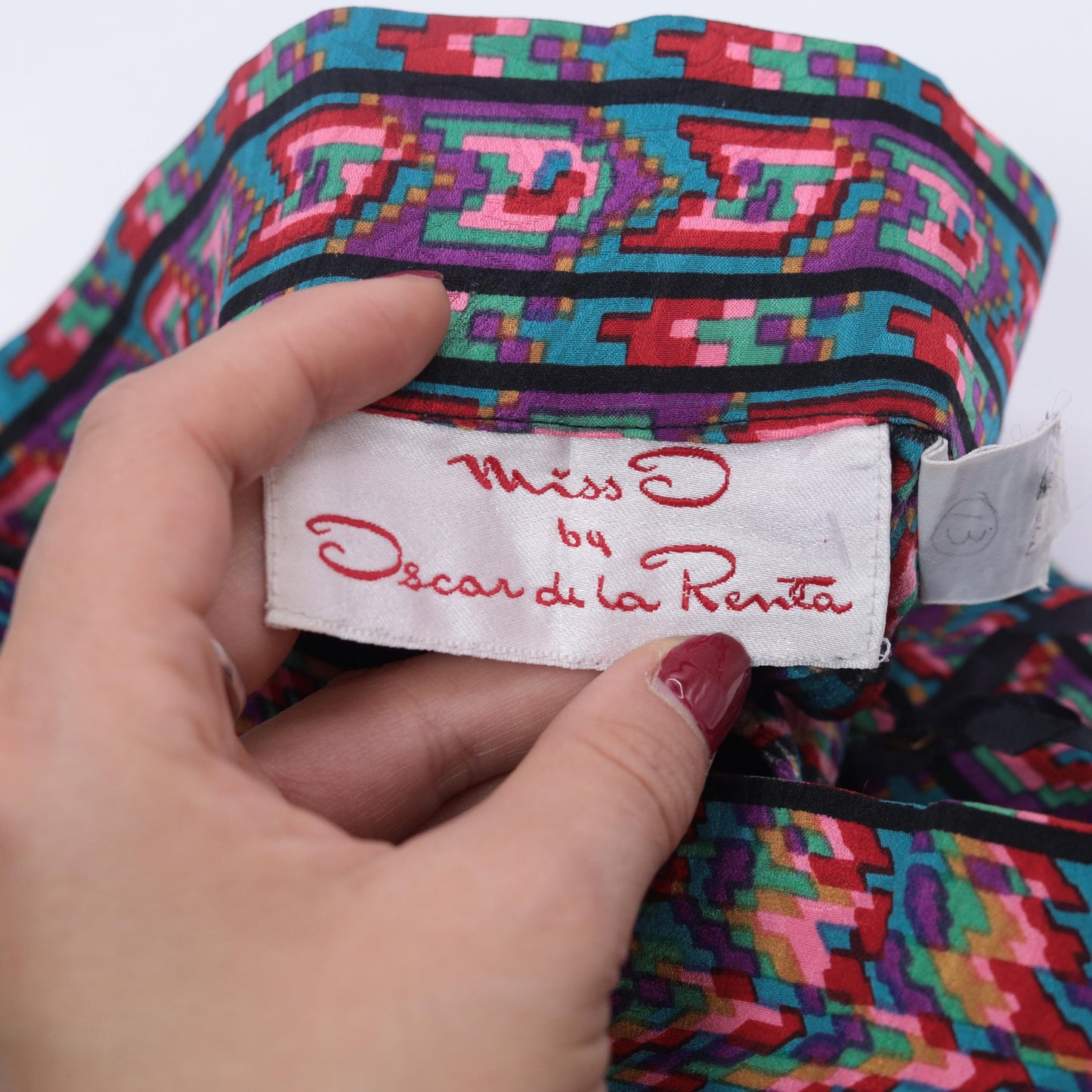80s Oscar de la Renta Silk Midi Skirt Geometric Print Multicolor High Waist Extra Small