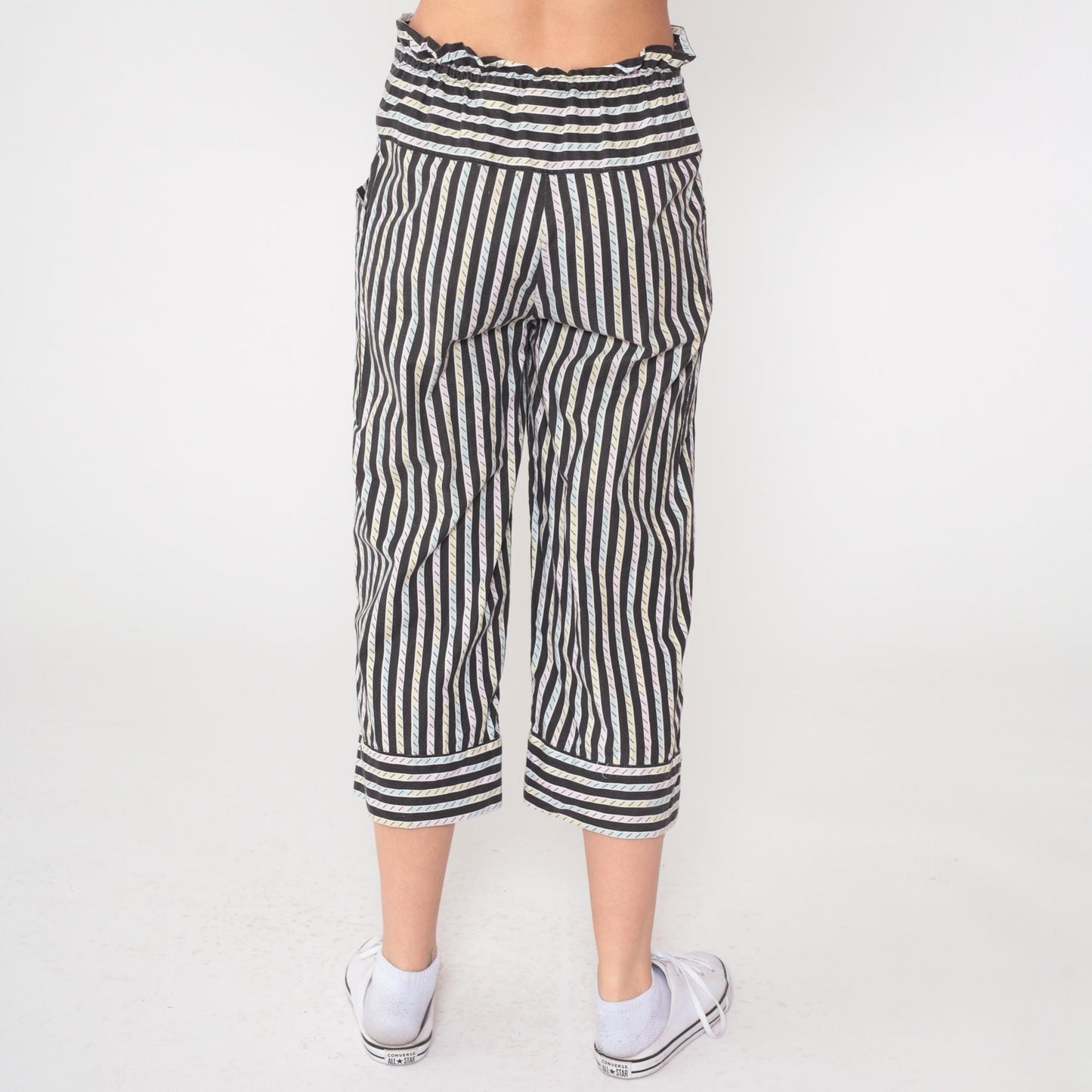 80s La Blanca Sport Striped High-Waist Drawstring Pants Black Pastel Extra Small