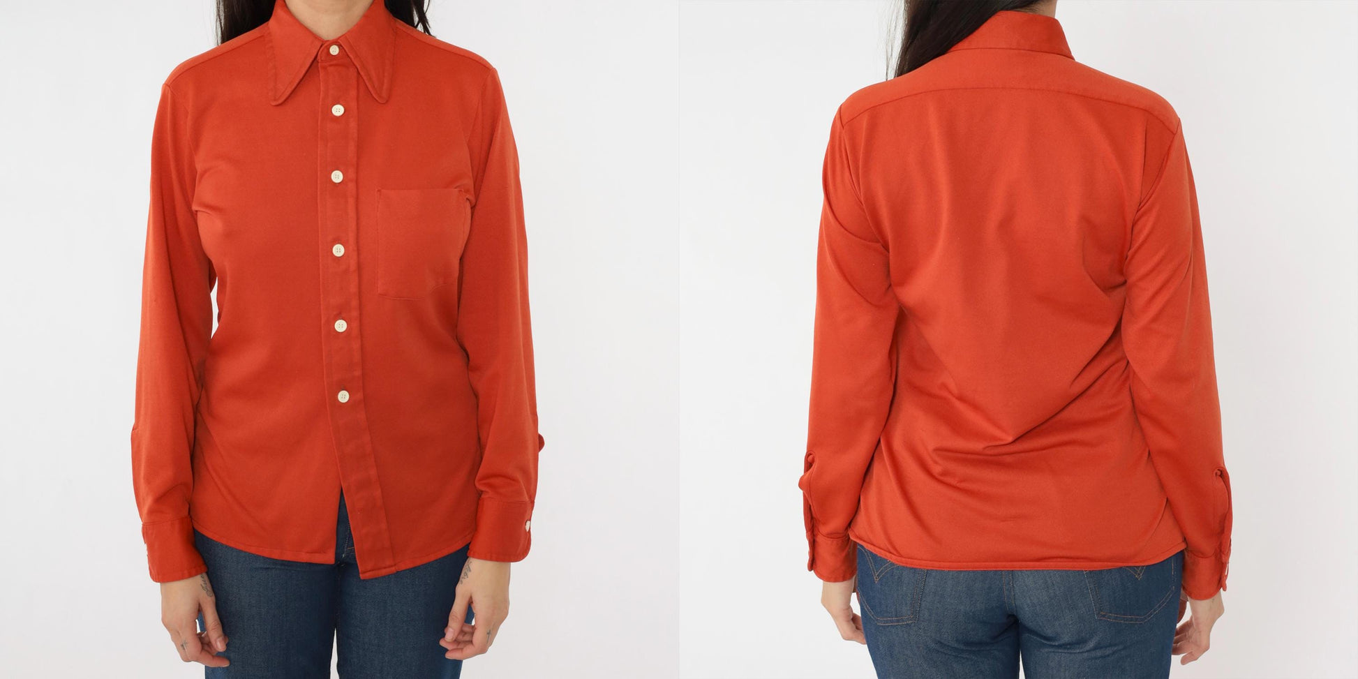 70s Rust Orange Dagger Collar Button-Up Shirt Men's Small