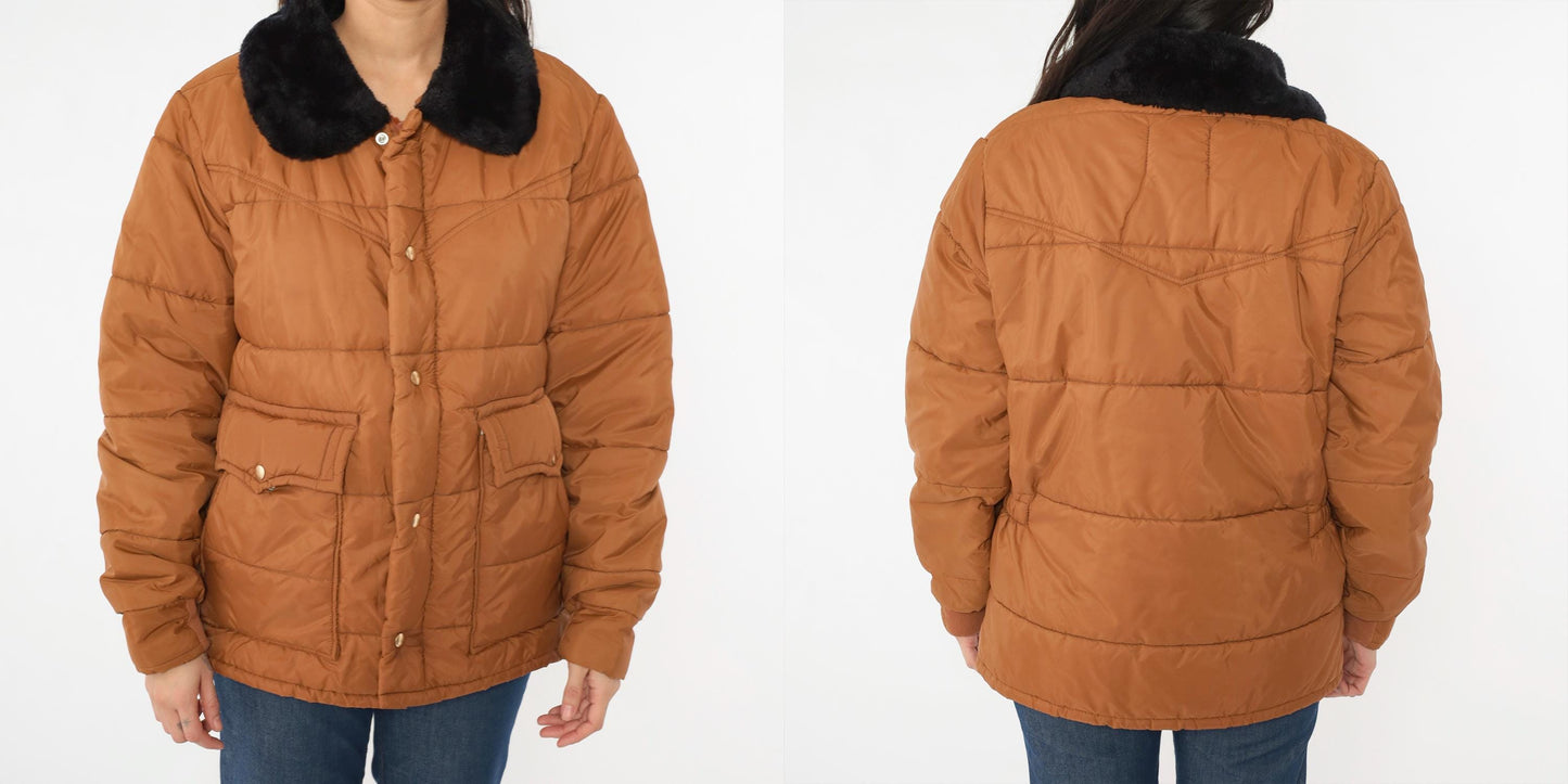 1970s Walls Blizzard Pruf Puffer Ski Jacket Brown Faux Fur Collar Large L