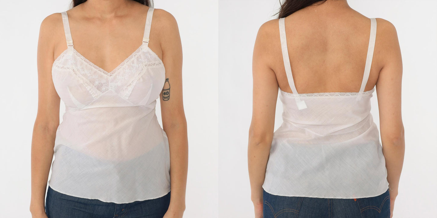 70s White Eyelet Embroidered Lace Camisole Spaghetti Strap Tank Small S
