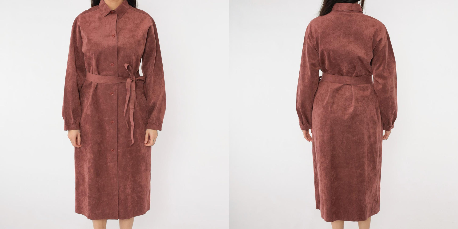 70s Halston Ultrasuede Trench Jacket Burnt Rose Belted Midi Large