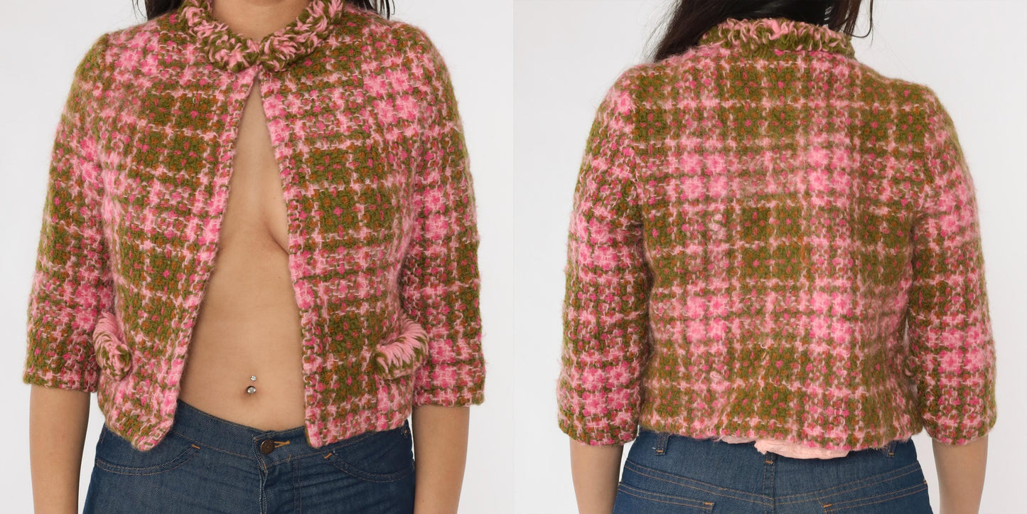 60s Pink Olive Plaid Wool Jacket Cropped Ruffled Collar Extra Small