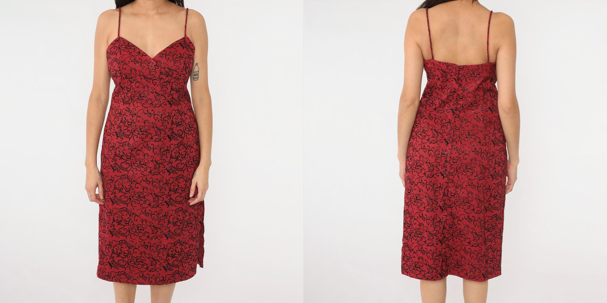 90s La Belle Red Floral Midi Dress Glittery Flocked Empire Waist Medium