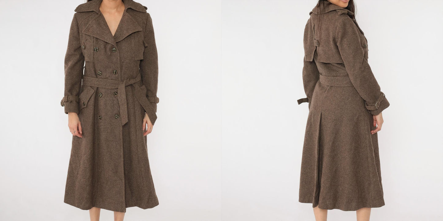1960s Brown Wool Trench Coat Double Breasted Belted Midi Medium M