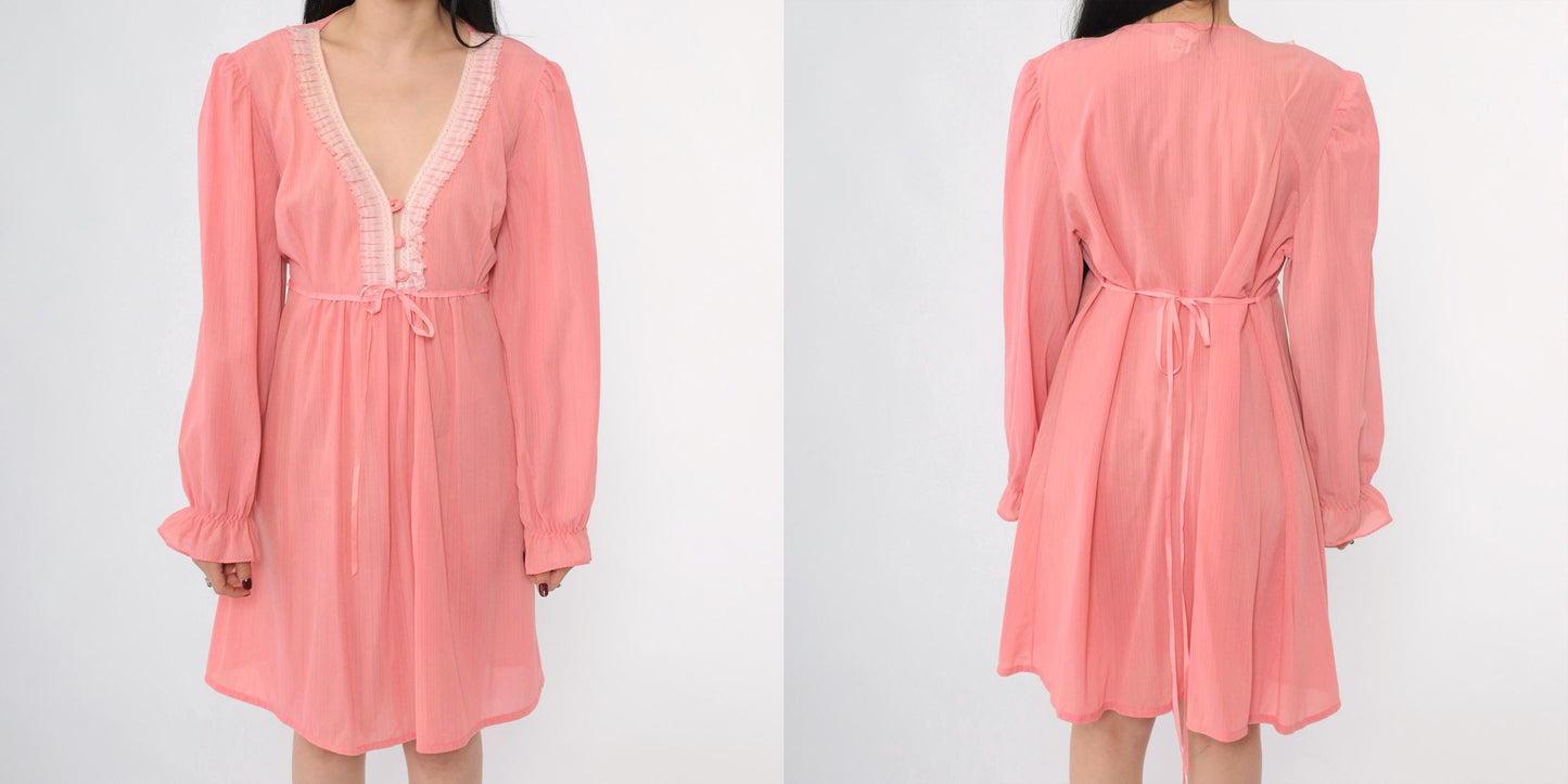 70s Pink Babydoll Dress Puff Sleeve Empire Waist Mini Sheer Ruffle Trim Large