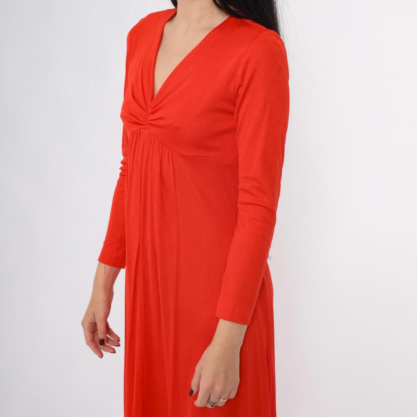 70s Red Maxi Dress Empire Waist V-Neck Long Sleeve Small S