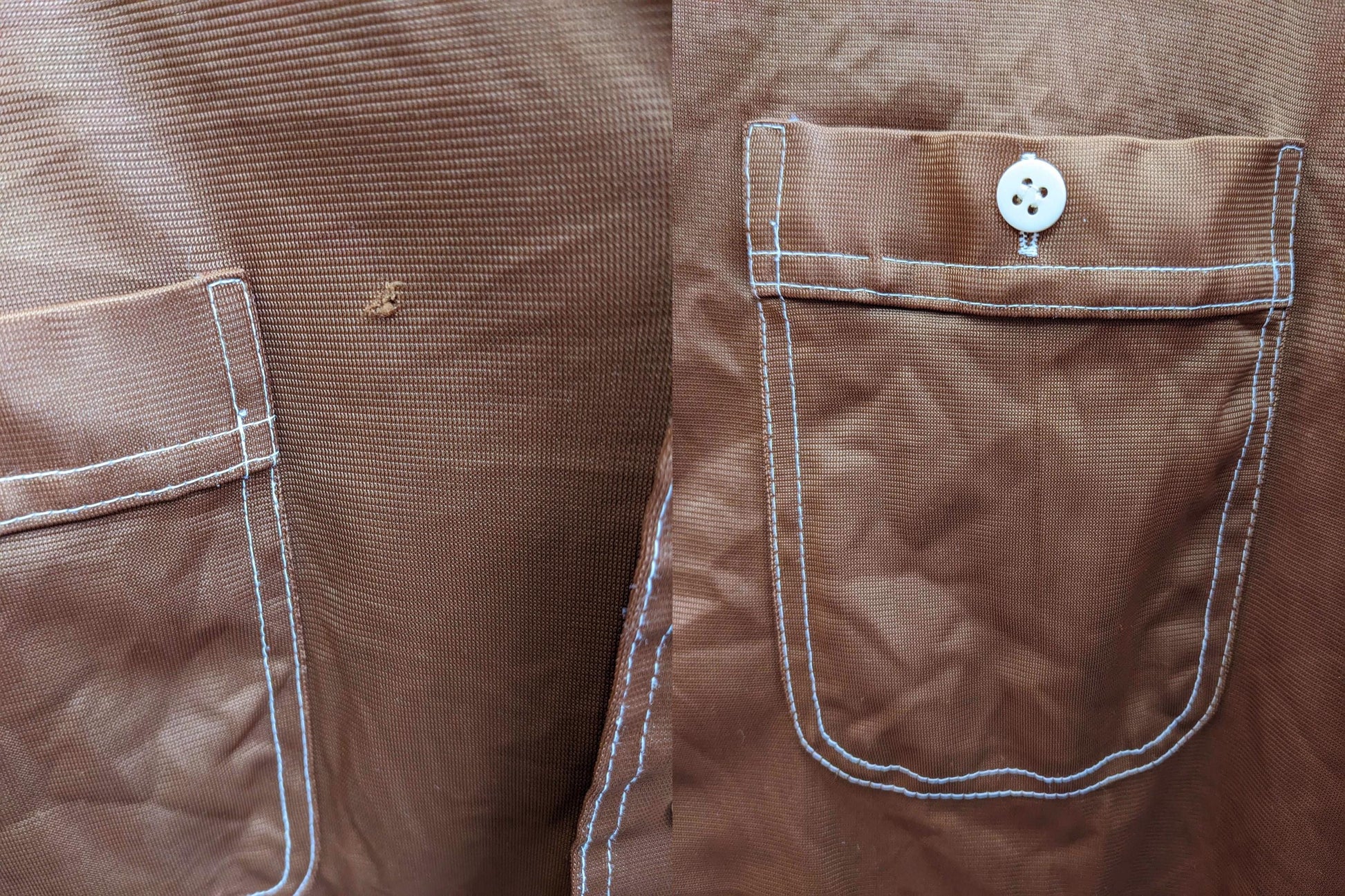 70s Mohawk Brown Dagger Collar Shirt Topstitch Long Sleeve Large