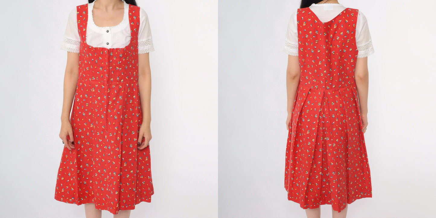 70s Red Calico Floral Dirndl Midi Dress Sleeveless High Waist Zip Medium