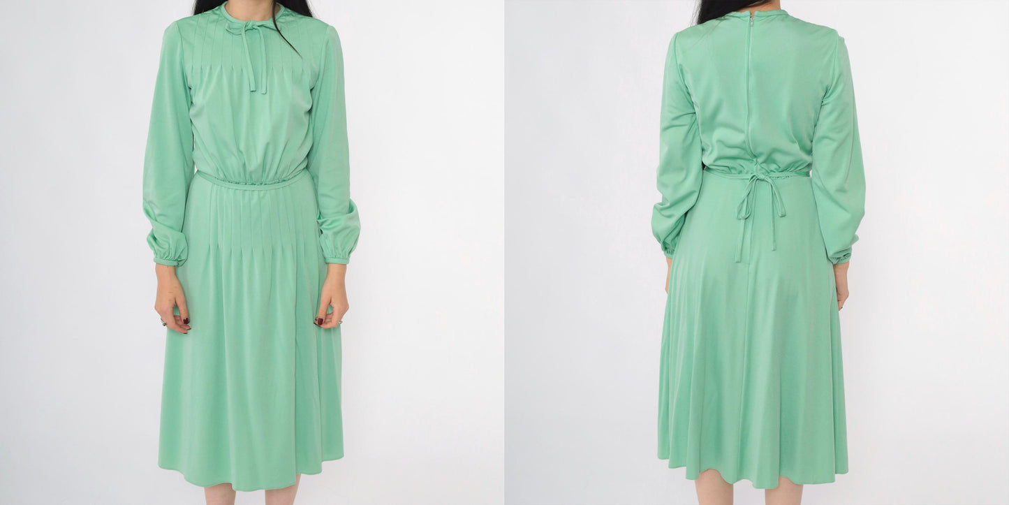 70s Mint Green Midi Dress Tie Neck Pin Tuck Long Sleeve Small