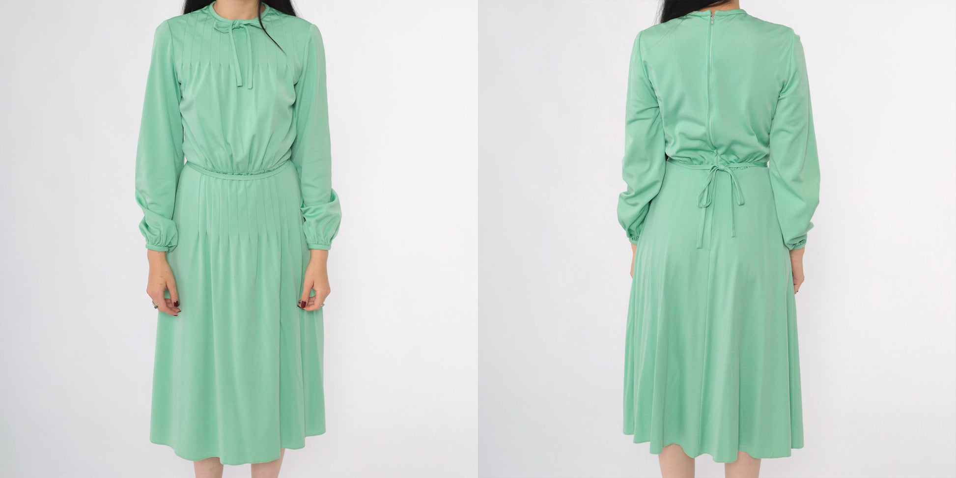 70s Mint Green Midi Dress Tie Neck Pin Tuck Long Sleeve Small