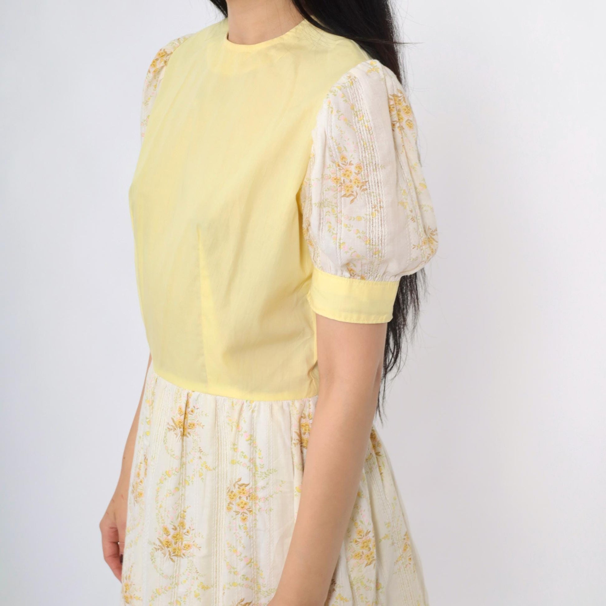 70s Puff Sleeve Floral Mini Dress Yellow White High Waist Small